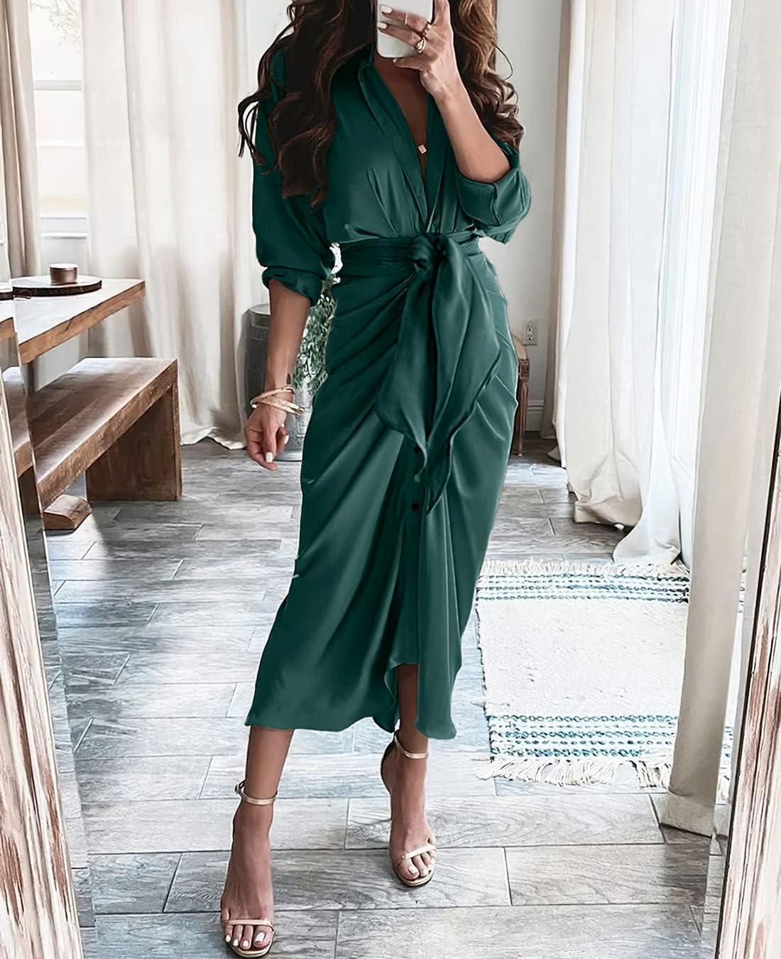 imageBTFBM Summer Dresses for Women 2026 Long Sleeve Lapel V Neck Button Down Elegant Belted Ruched Satin Shirt Spring DressDark Green