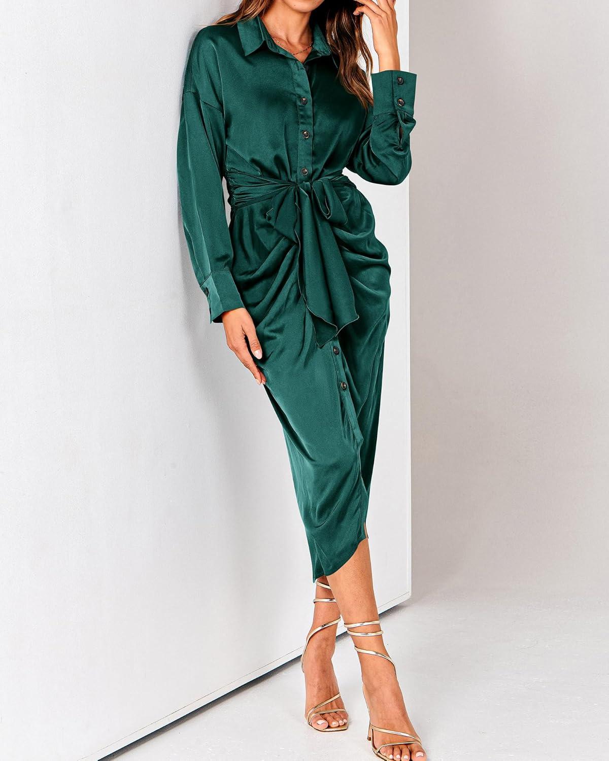 imageBTFBM Summer Dresses for Women 2026 Long Sleeve Lapel V Neck Button Down Elegant Belted Ruched Satin Shirt Spring DressDark Green