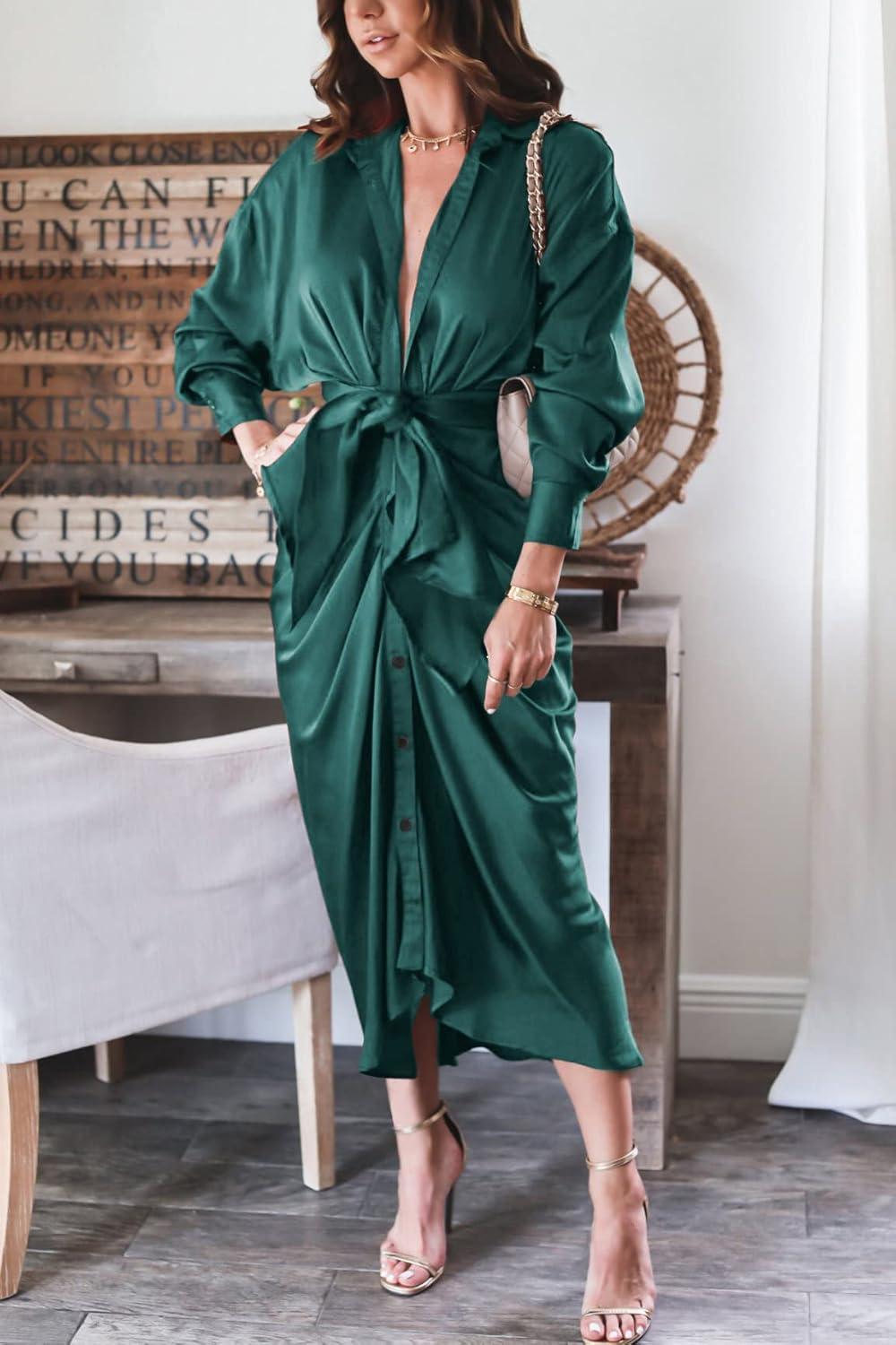imageBTFBM Summer Dresses for Women 2026 Long Sleeve Lapel V Neck Button Down Elegant Belted Ruched Satin Shirt Spring DressDark Green