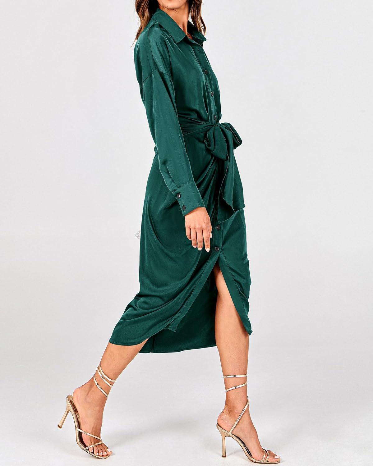 imageBTFBM Summer Dresses for Women 2026 Long Sleeve Lapel V Neck Button Down Elegant Belted Ruched Satin Shirt Spring DressDark Green