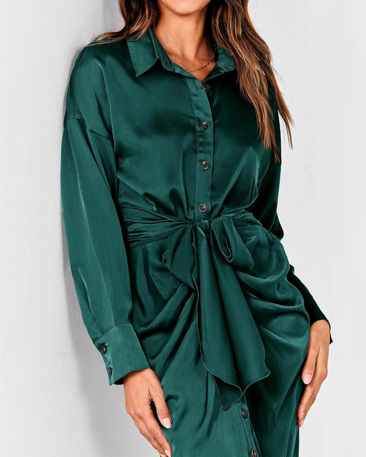 imageBTFBM Summer Dresses for Women 2026 Long Sleeve Lapel V Neck Button Down Elegant Belted Ruched Satin Shirt Spring DressDark Green