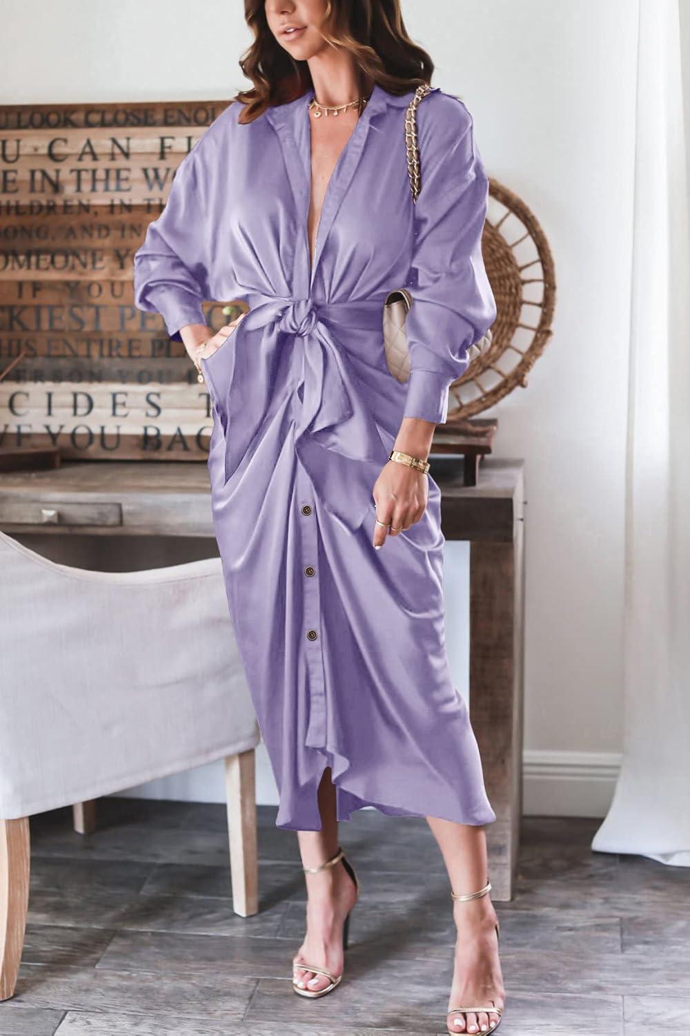 imageBTFBM Summer Dresses for Women 2026 Long Sleeve Lapel V Neck Button Down Elegant Belted Ruched Satin Shirt Spring DressPurple