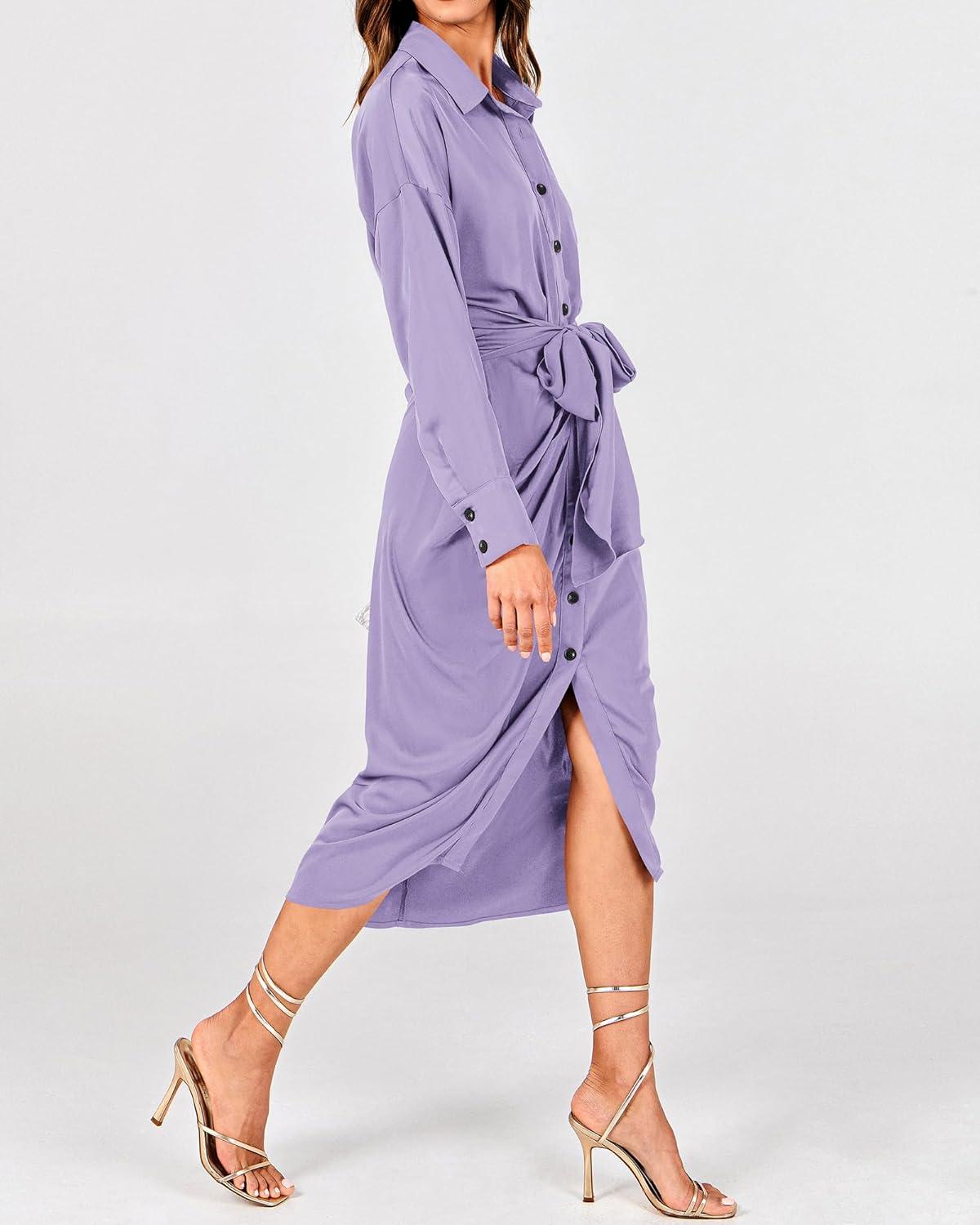 imageBTFBM Summer Dresses for Women 2026 Long Sleeve Lapel V Neck Button Down Elegant Belted Ruched Satin Shirt Spring DressPurple