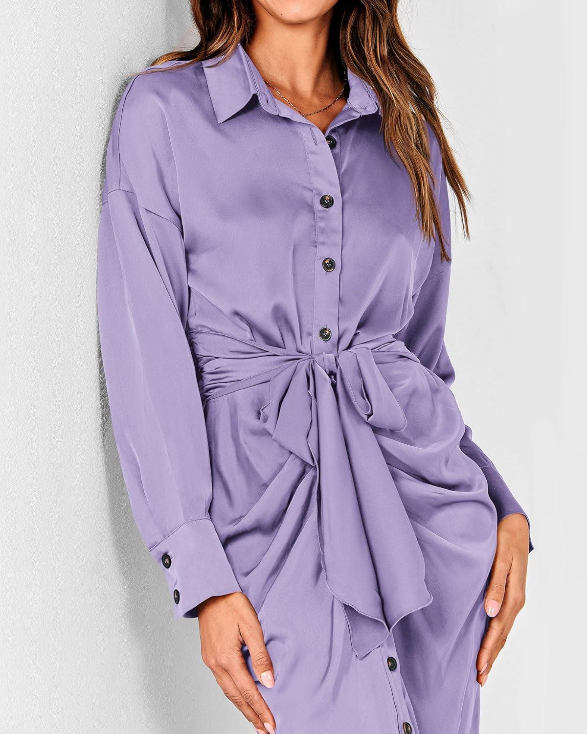 imageBTFBM Summer Dresses for Women 2026 Long Sleeve Lapel V Neck Button Down Elegant Belted Ruched Satin Shirt Spring DressPurple