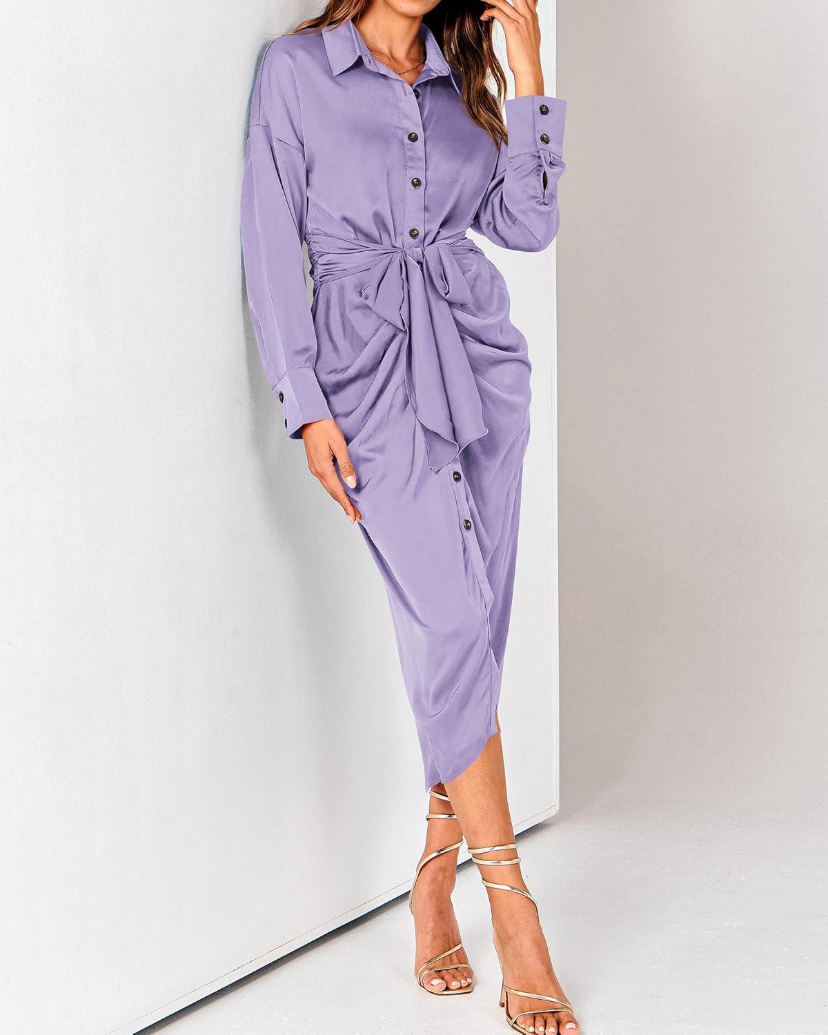 imageBTFBM Summer Dresses for Women 2026 Long Sleeve Lapel V Neck Button Down Elegant Belted Ruched Satin Shirt Spring DressPurple