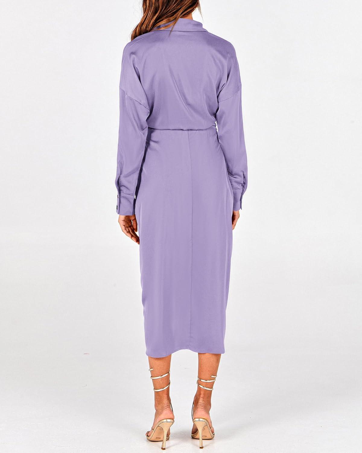 imageBTFBM Summer Dresses for Women 2026 Long Sleeve Lapel V Neck Button Down Elegant Belted Ruched Satin Shirt Spring DressPurple