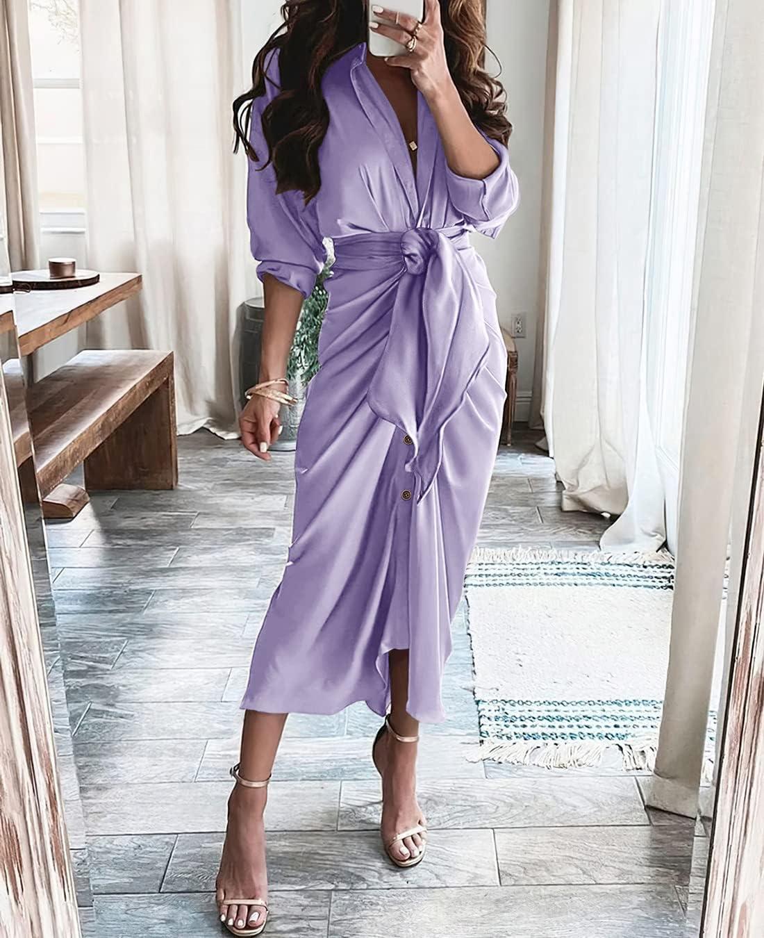 imageBTFBM Summer Dresses for Women 2026 Long Sleeve Lapel V Neck Button Down Elegant Belted Ruched Satin Shirt Spring DressPurple