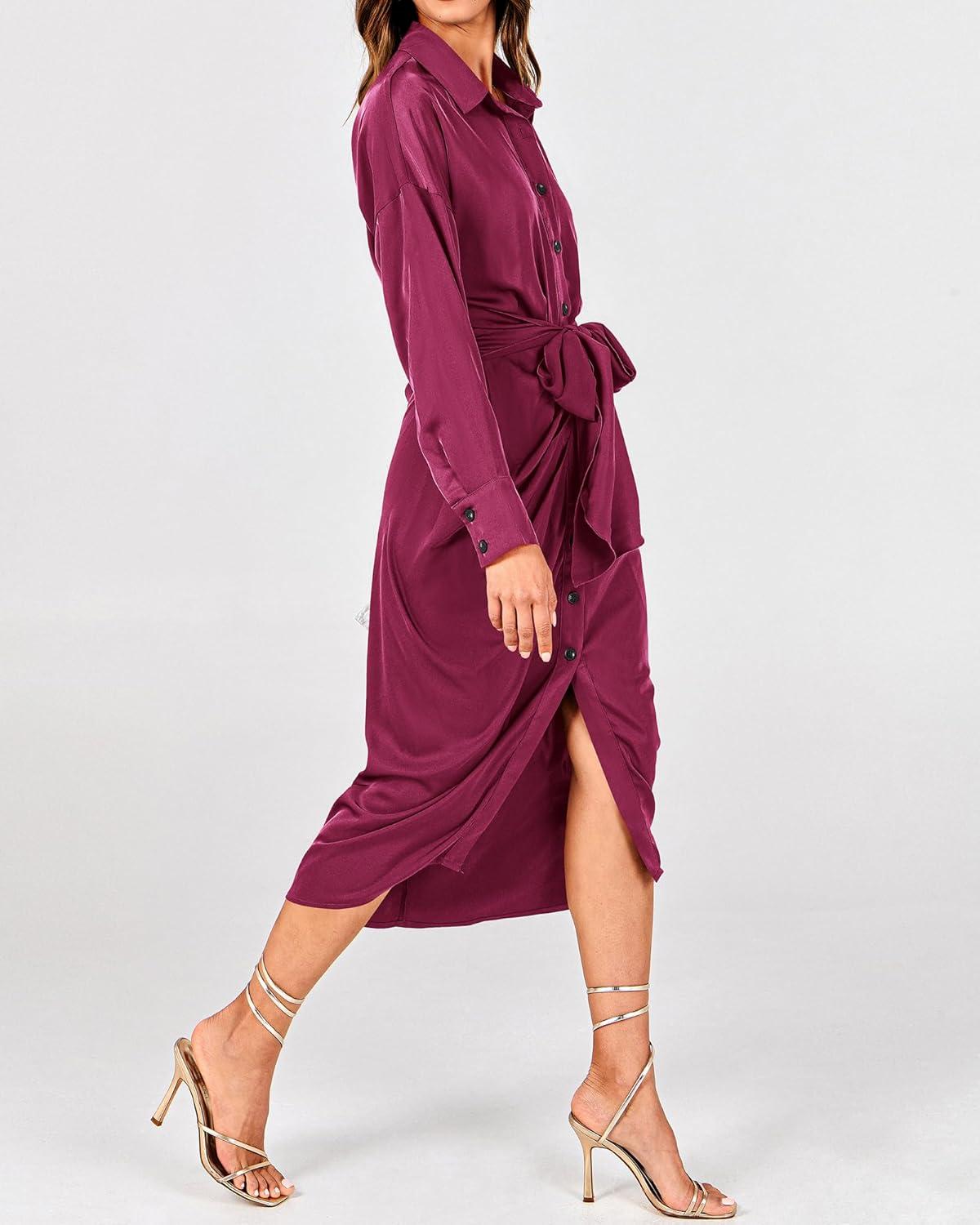 imageBTFBM Summer Dresses for Women 2026 Long Sleeve Lapel V Neck Button Down Elegant Belted Ruched Satin Shirt Spring DressPurple Red