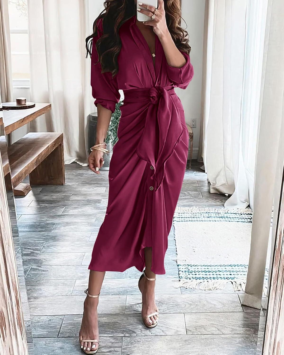 imageBTFBM Summer Dresses for Women 2026 Long Sleeve Lapel V Neck Button Down Elegant Belted Ruched Satin Shirt Spring DressPurple Red