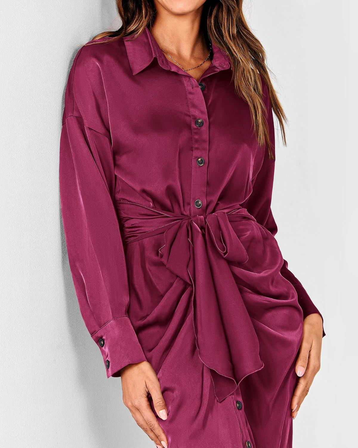 imageBTFBM Summer Dresses for Women 2026 Long Sleeve Lapel V Neck Button Down Elegant Belted Ruched Satin Shirt Spring DressPurple Red