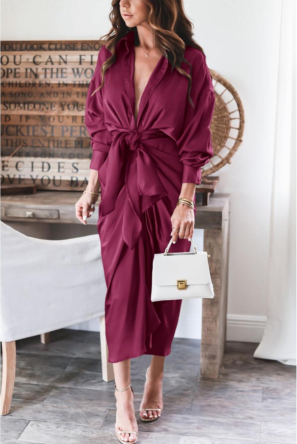 imageBTFBM Summer Dresses for Women 2026 Long Sleeve Lapel V Neck Button Down Elegant Belted Ruched Satin Shirt Spring DressPurple Red