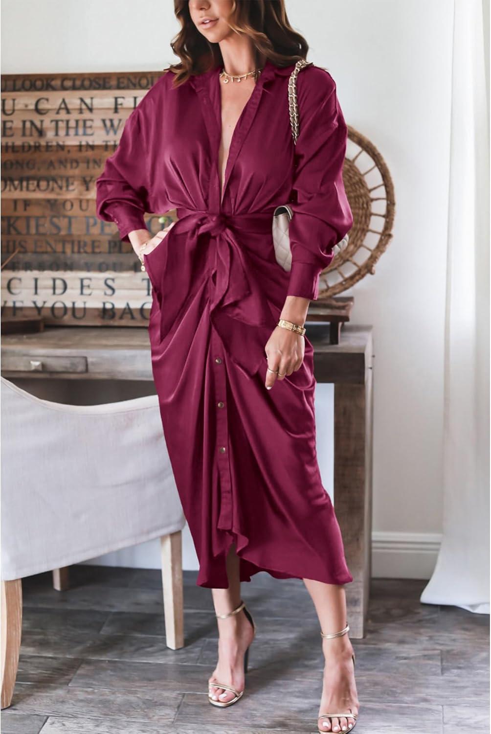 imageBTFBM Summer Dresses for Women 2026 Long Sleeve Lapel V Neck Button Down Elegant Belted Ruched Satin Shirt Spring DressPurple Red