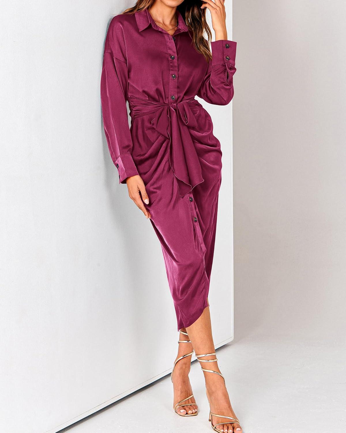 imageBTFBM Summer Dresses for Women 2026 Long Sleeve Lapel V Neck Button Down Elegant Belted Ruched Satin Shirt Spring DressPurple Red