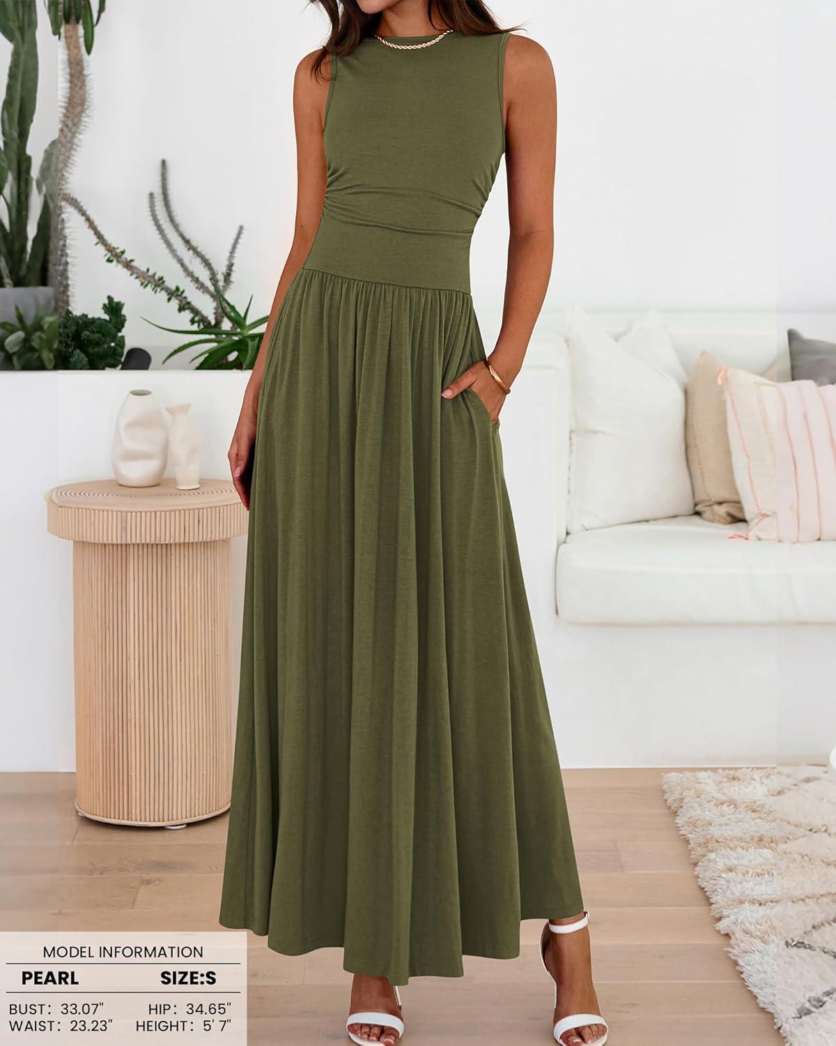 imageBTFBM Summer Maxi Dresses for Women 2026 Spring Sleeveless Casual Ruched High Waisted Long Sundress Flowy Beach DressArmy Green