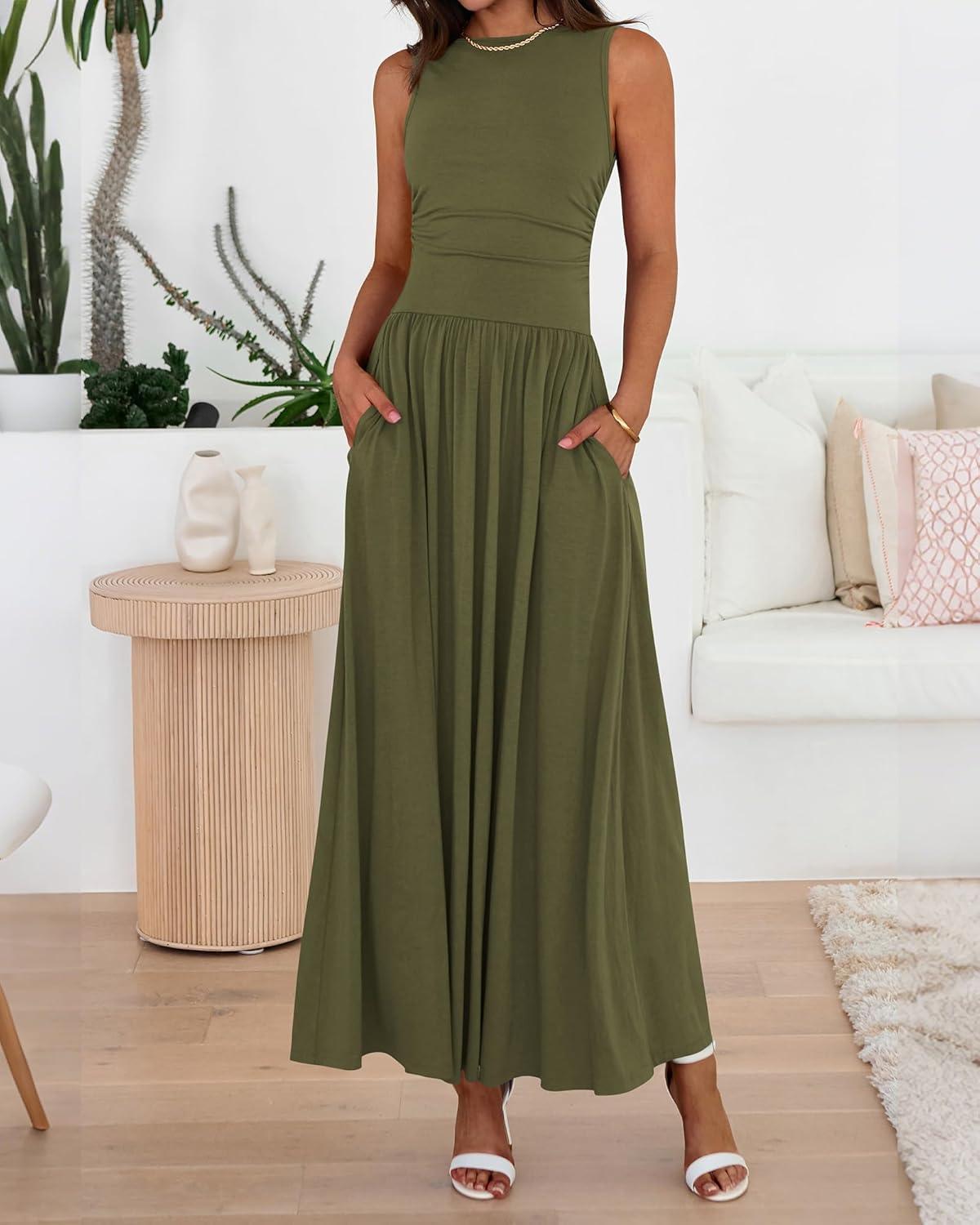 imageBTFBM Summer Maxi Dresses for Women 2026 Spring Sleeveless Casual Ruched High Waisted Long Sundress Flowy Beach DressArmy Green