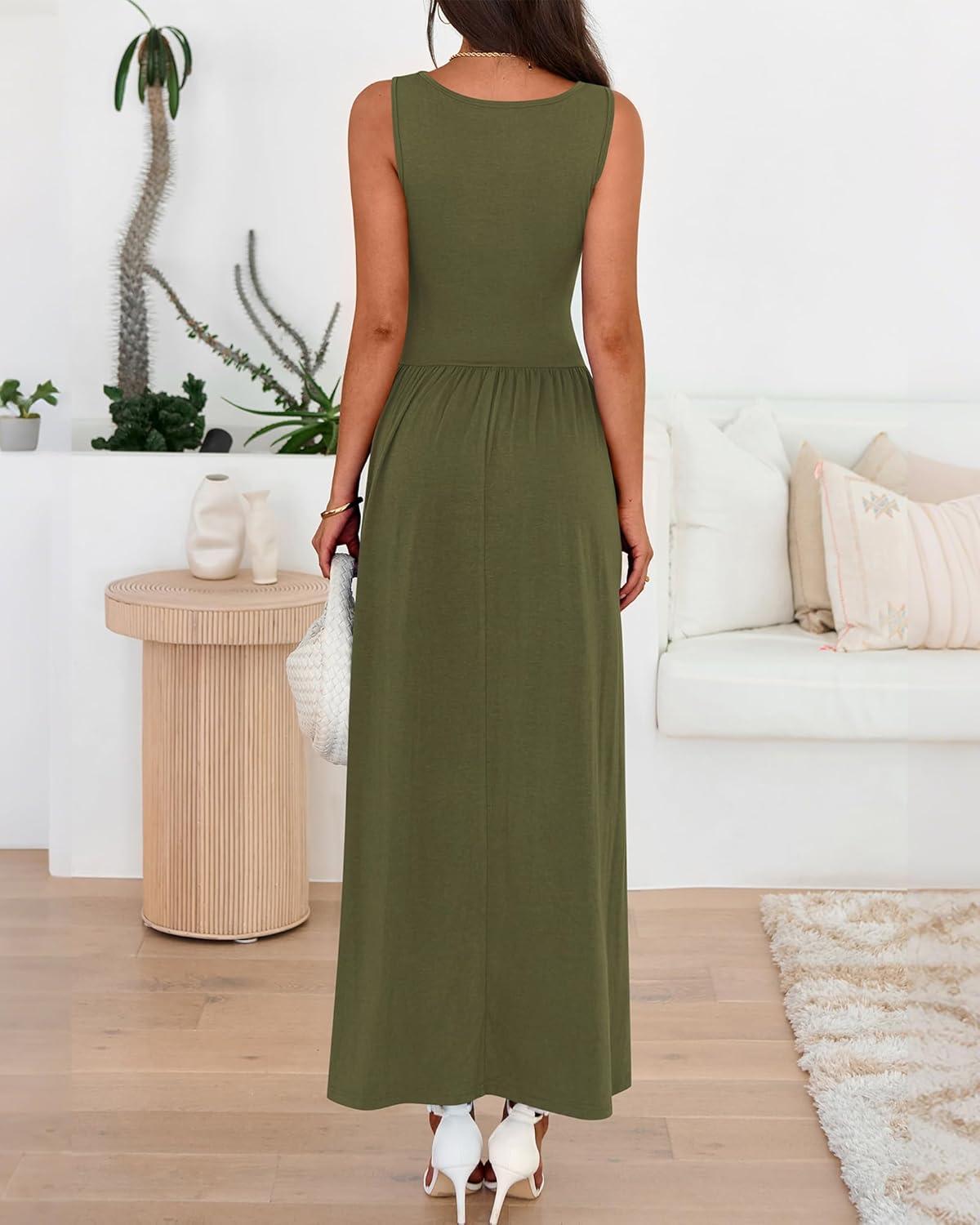 imageBTFBM Summer Maxi Dresses for Women 2026 Spring Sleeveless Casual Ruched High Waisted Long Sundress Flowy Beach DressArmy Green