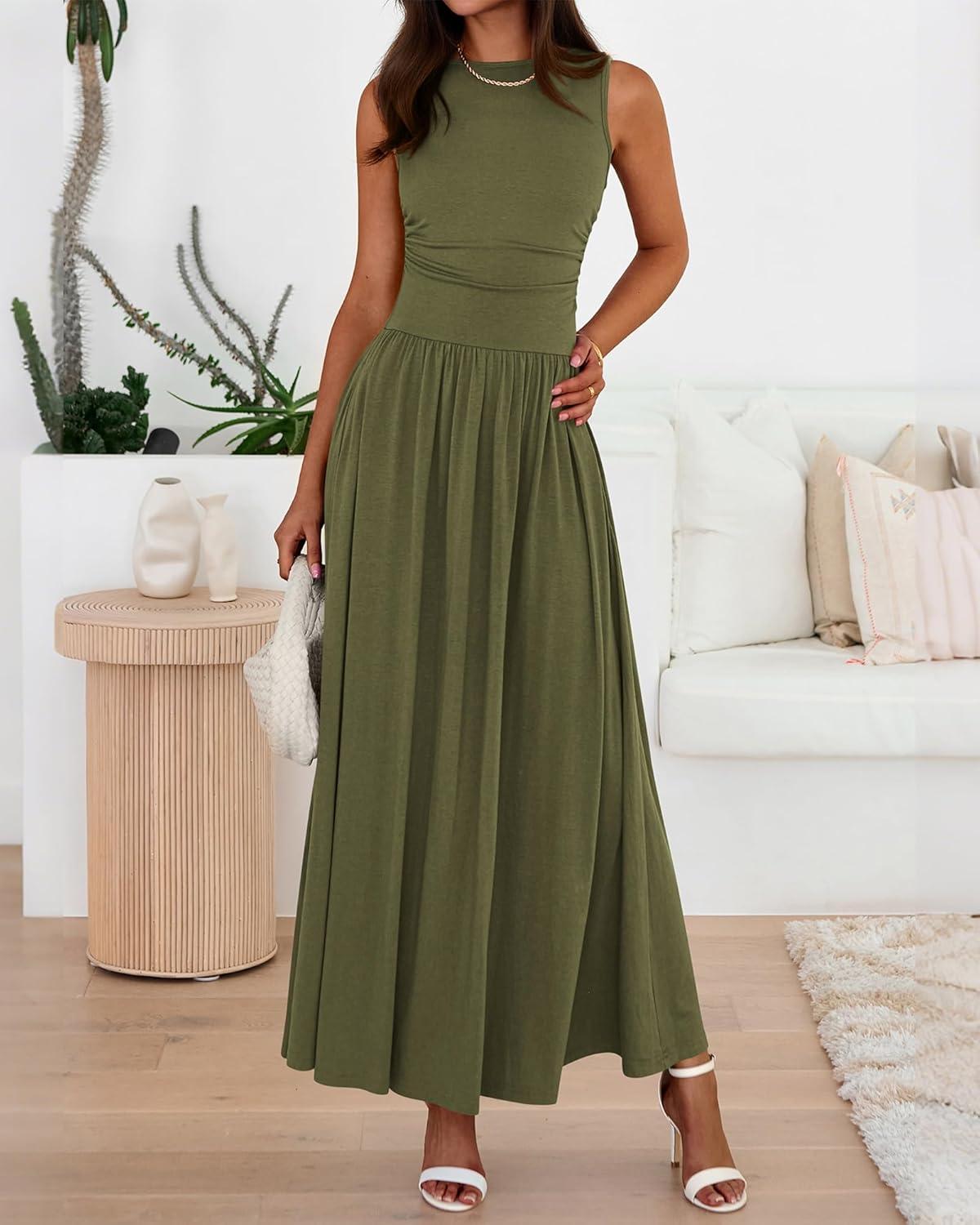 imageBTFBM Summer Maxi Dresses for Women 2026 Spring Sleeveless Casual Ruched High Waisted Long Sundress Flowy Beach DressArmy Green