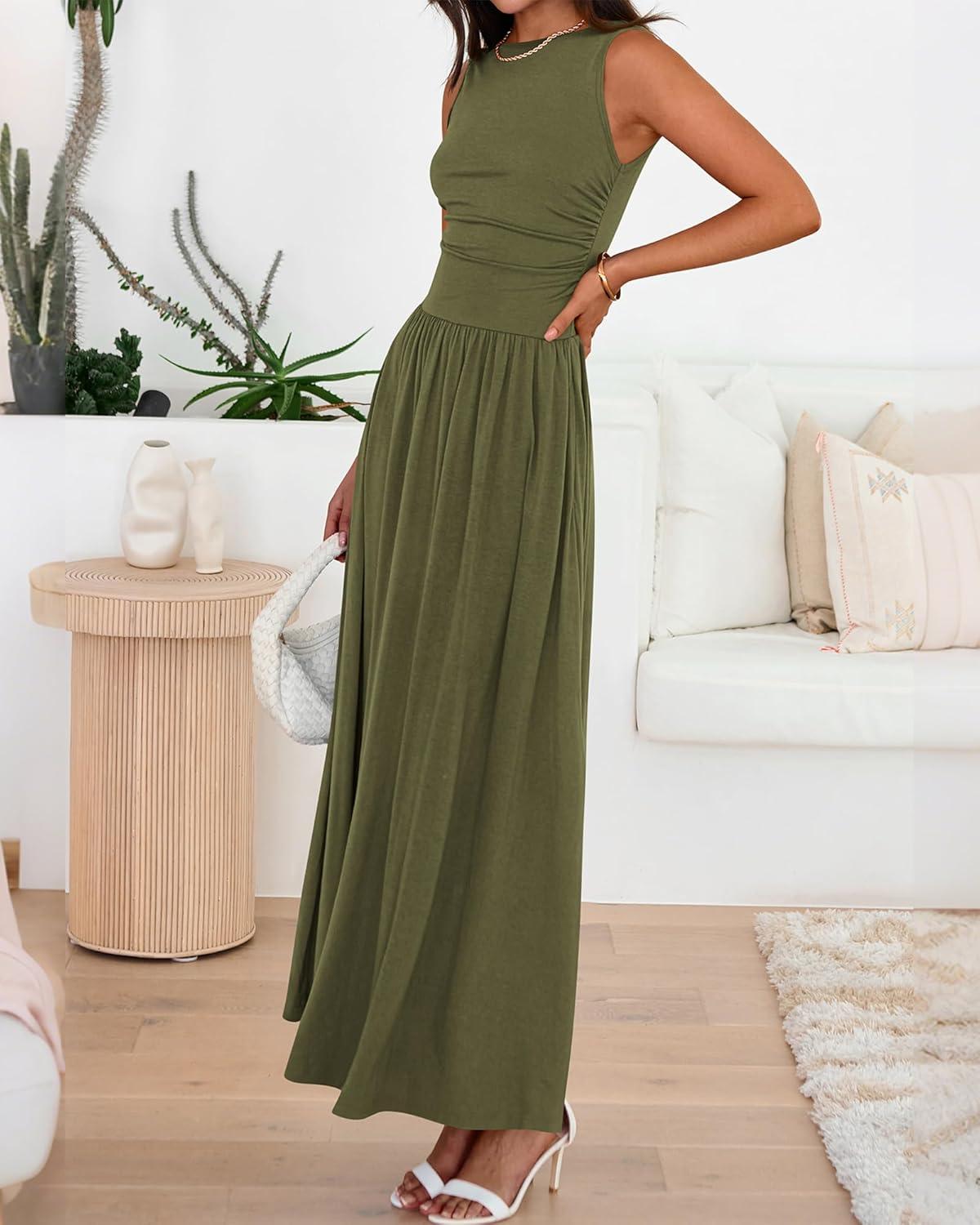 imageBTFBM Summer Maxi Dresses for Women 2026 Spring Sleeveless Casual Ruched High Waisted Long Sundress Flowy Beach DressArmy Green