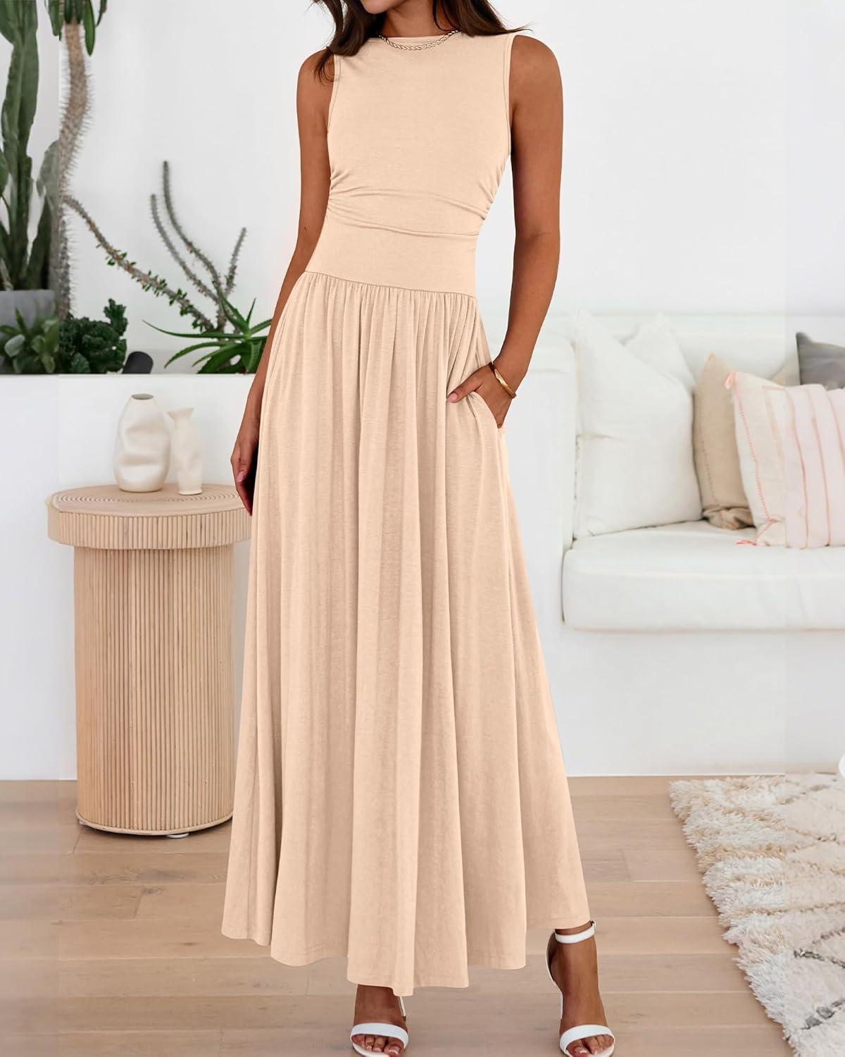 imageBTFBM Summer Maxi Dresses for Women 2026 Spring Sleeveless Casual Ruched High Waisted Long Sundress Flowy Beach DressBeige