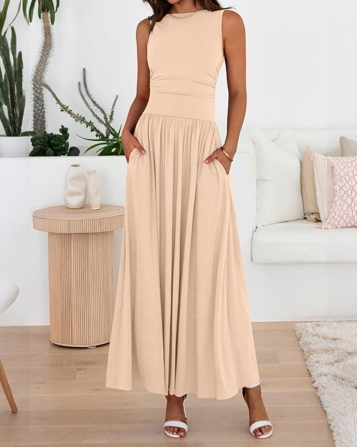 imageBTFBM Summer Maxi Dresses for Women 2026 Spring Sleeveless Casual Ruched High Waisted Long Sundress Flowy Beach DressBeige
