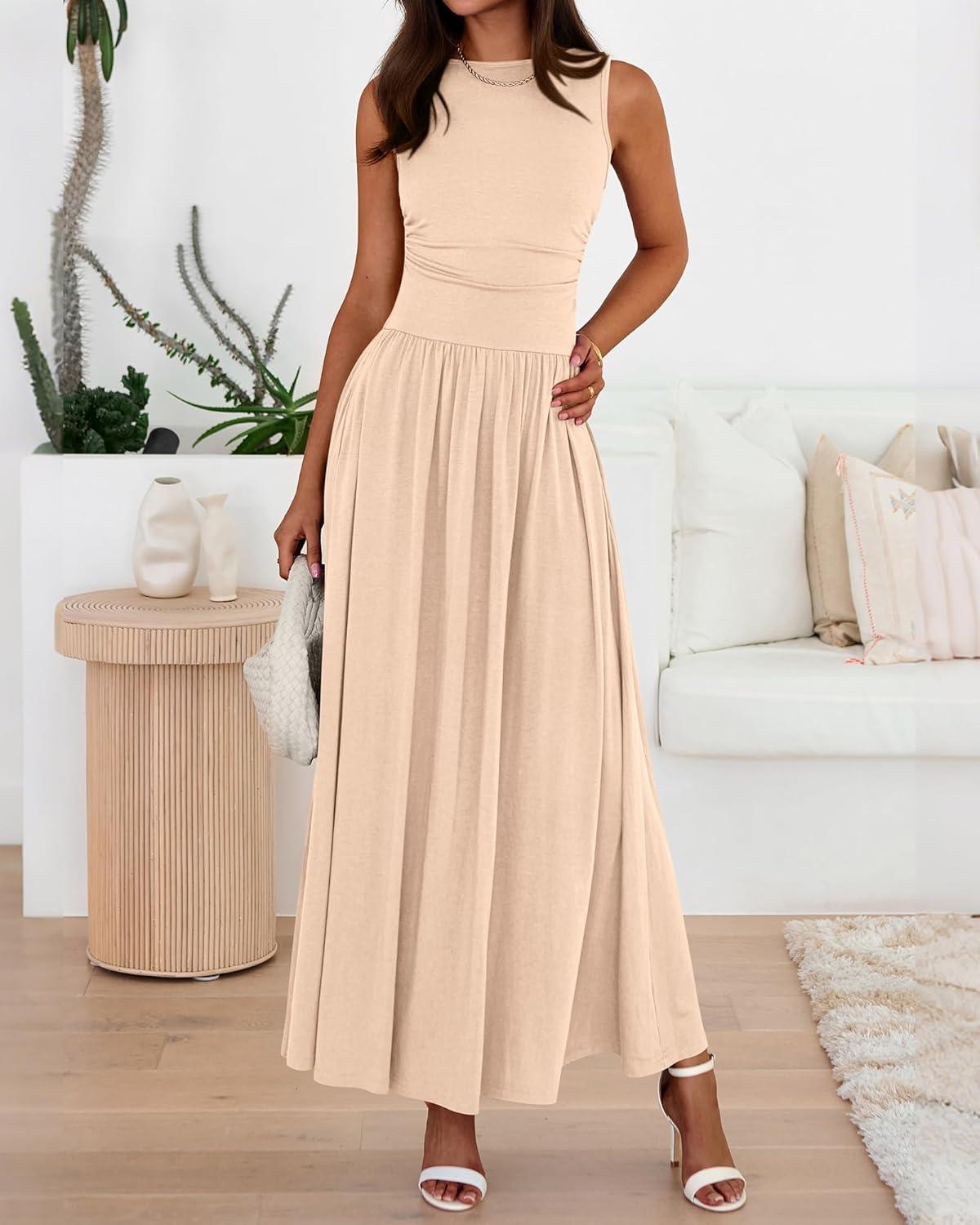 imageBTFBM Summer Maxi Dresses for Women 2026 Spring Sleeveless Casual Ruched High Waisted Long Sundress Flowy Beach DressBeige