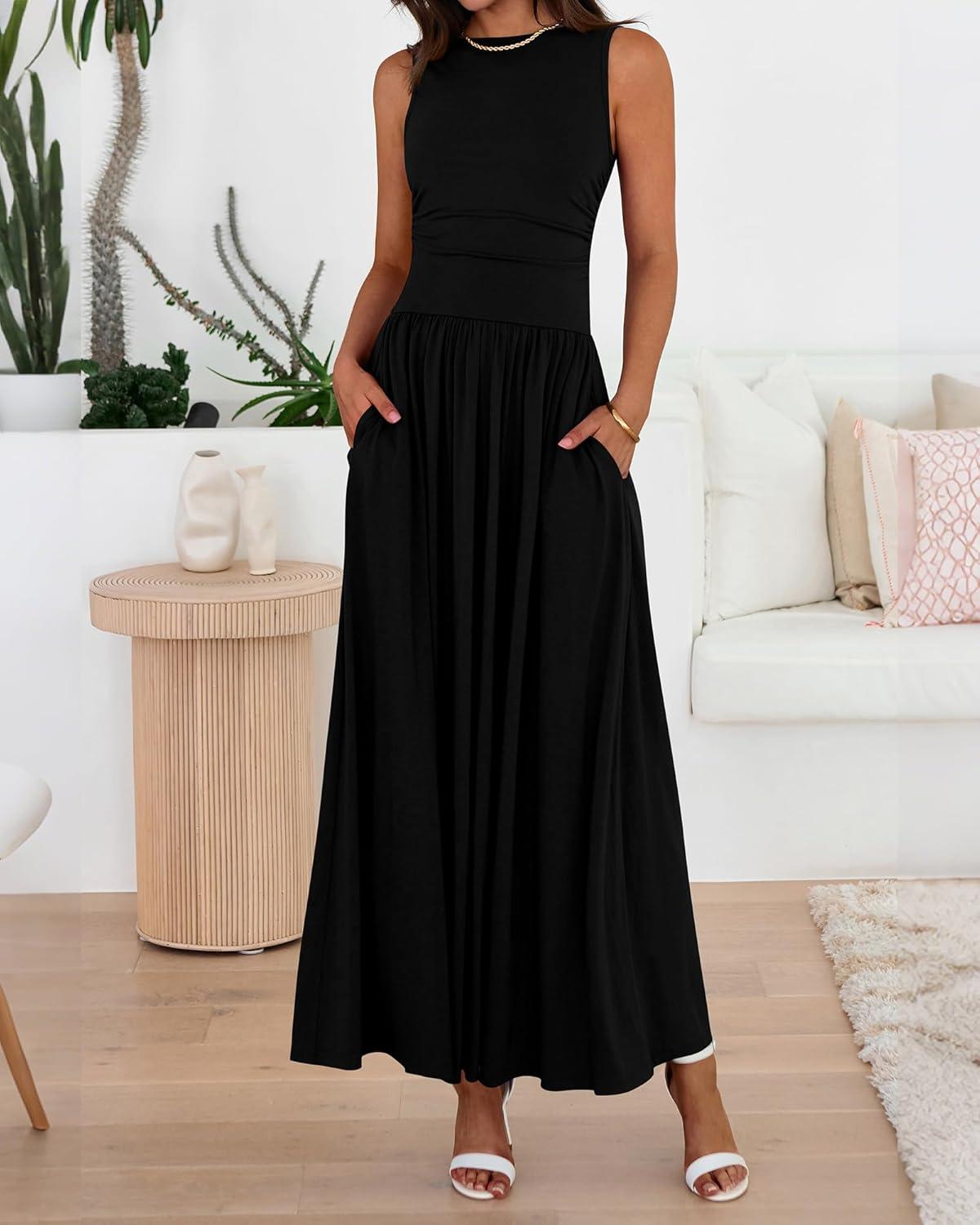 imageBTFBM Summer Maxi Dresses for Women 2026 Spring Sleeveless Casual Ruched High Waisted Long Sundress Flowy Beach DressBlack