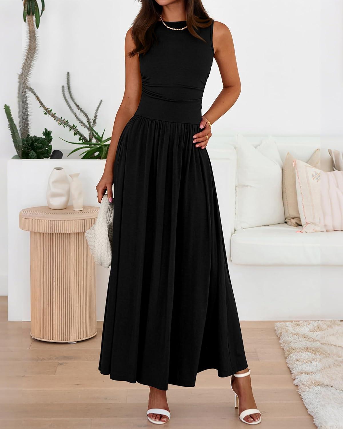 imageBTFBM Summer Maxi Dresses for Women 2026 Spring Sleeveless Casual Ruched High Waisted Long Sundress Flowy Beach DressBlack
