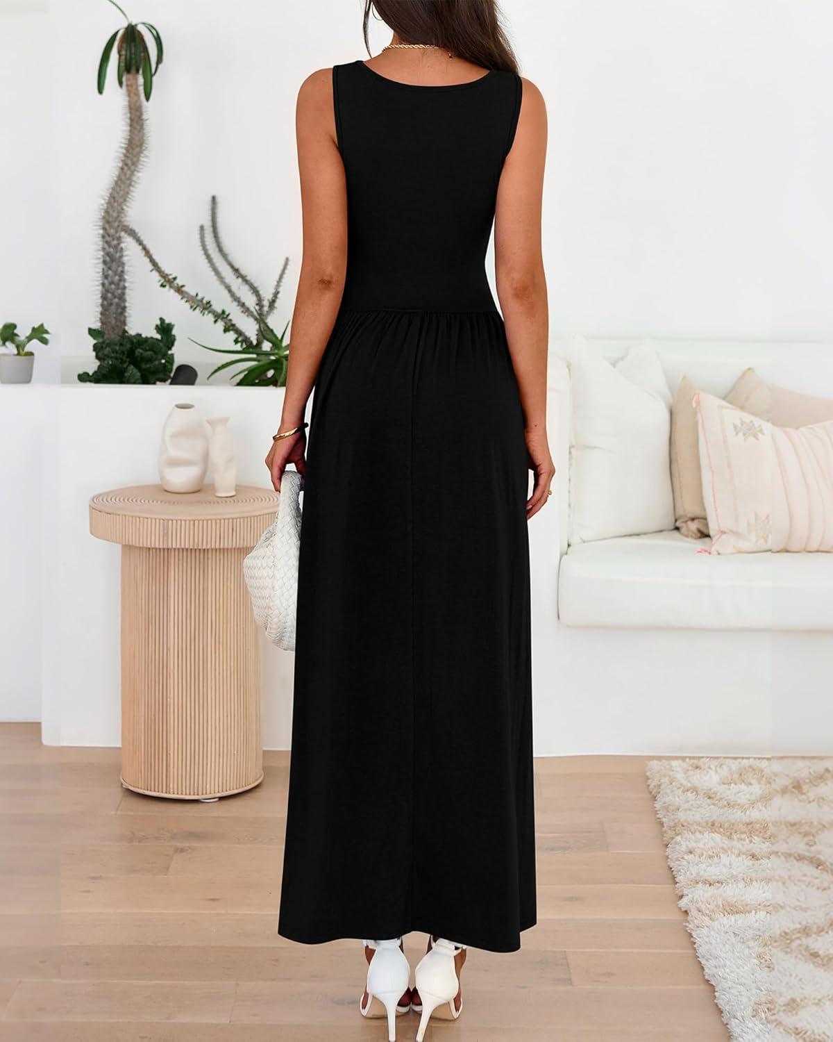 imageBTFBM Summer Maxi Dresses for Women 2026 Spring Sleeveless Casual Ruched High Waisted Long Sundress Flowy Beach DressBlack