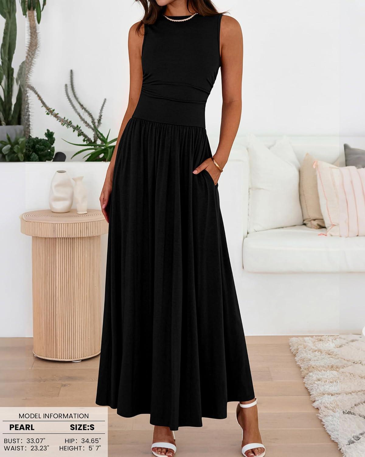 imageBTFBM Summer Maxi Dresses for Women 2026 Spring Sleeveless Casual Ruched High Waisted Long Sundress Flowy Beach DressBlack