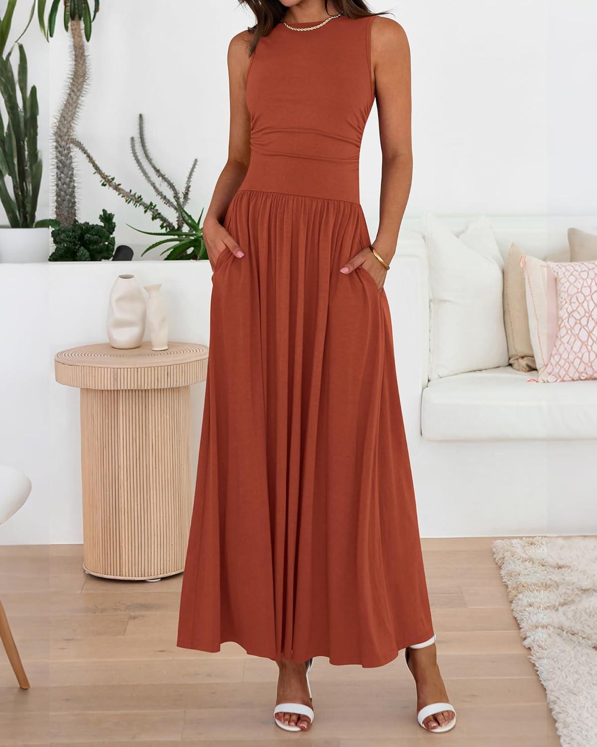 imageBTFBM Summer Maxi Dresses for Women 2026 Spring Sleeveless Casual Ruched High Waisted Long Sundress Flowy Beach DressBrick Red