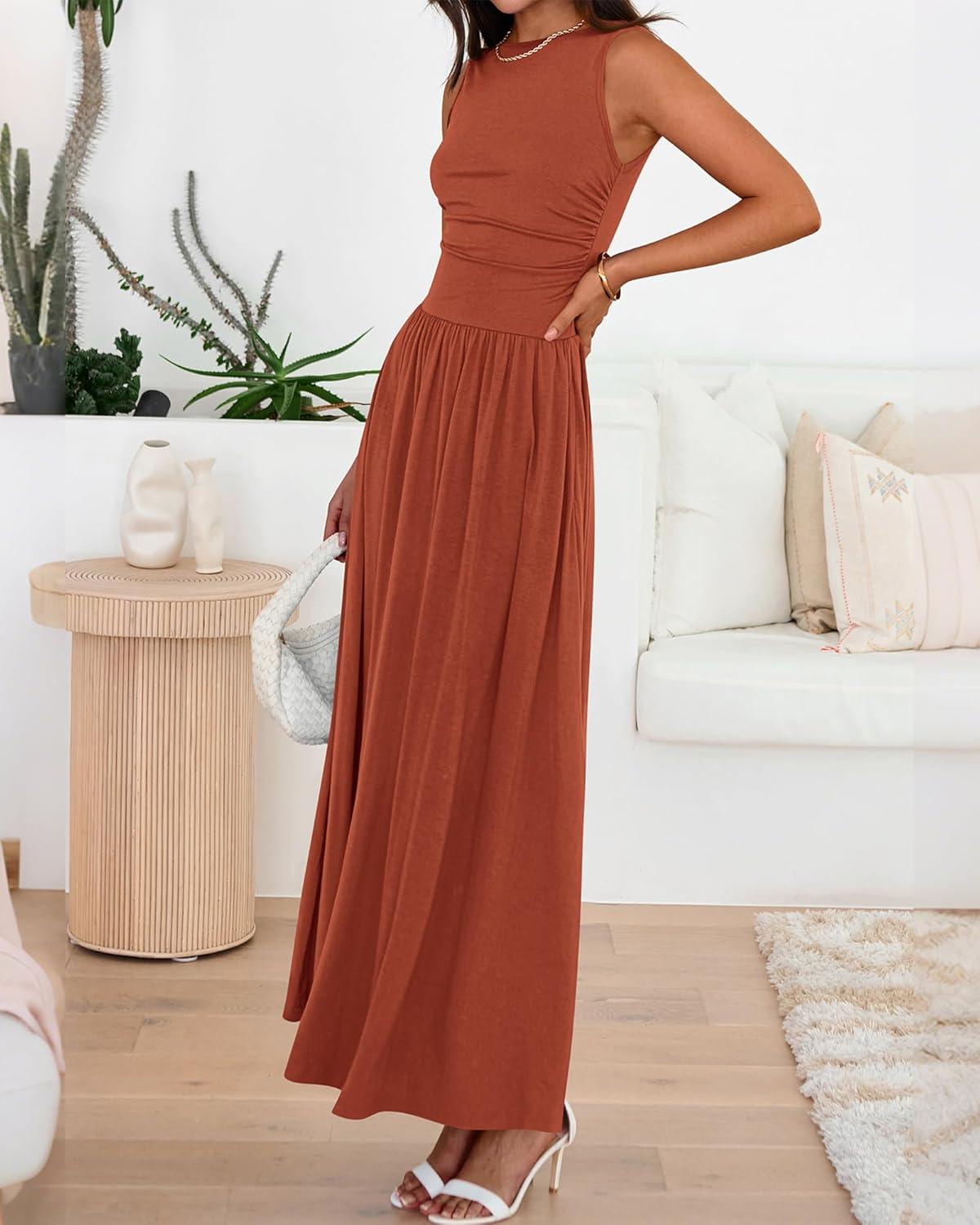 imageBTFBM Summer Maxi Dresses for Women 2026 Spring Sleeveless Casual Ruched High Waisted Long Sundress Flowy Beach DressBrick Red