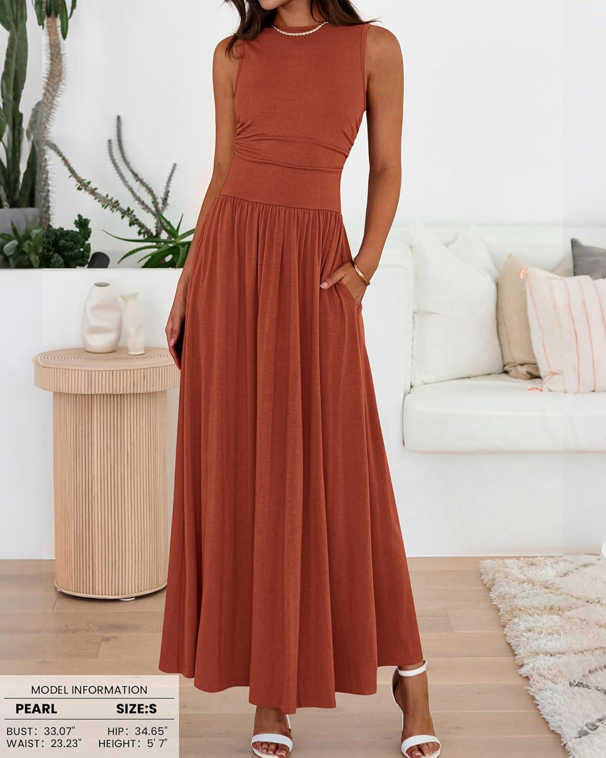 imageBTFBM Summer Maxi Dresses for Women 2026 Spring Sleeveless Casual Ruched High Waisted Long Sundress Flowy Beach DressBrick Red