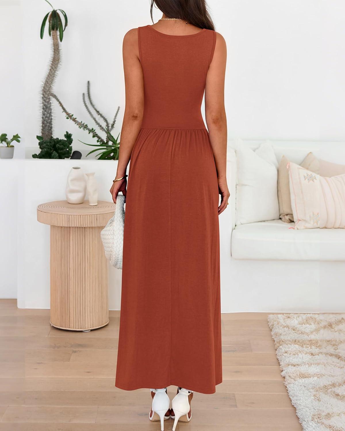 imageBTFBM Summer Maxi Dresses for Women 2026 Spring Sleeveless Casual Ruched High Waisted Long Sundress Flowy Beach DressBrick Red