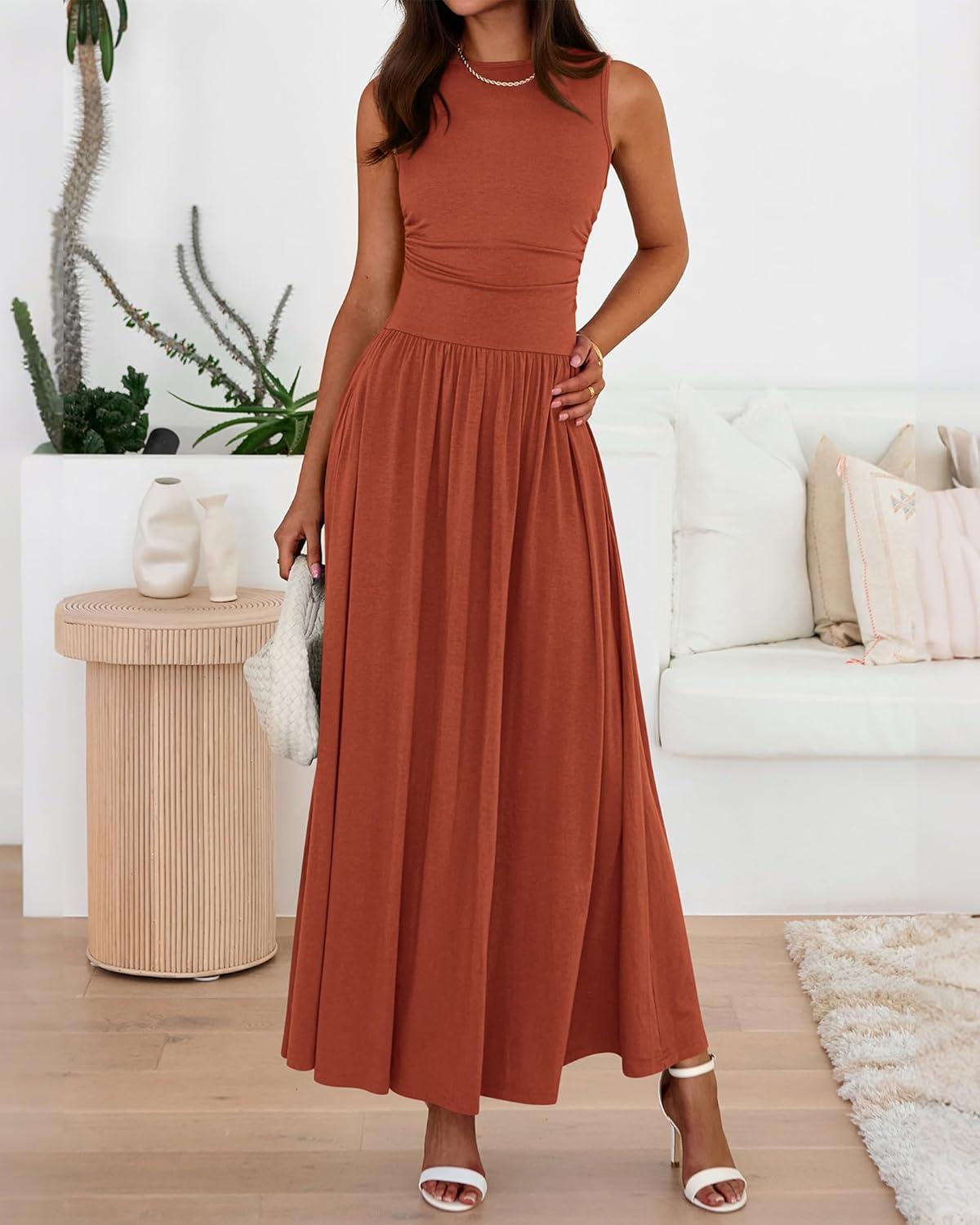 imageBTFBM Summer Maxi Dresses for Women 2026 Spring Sleeveless Casual Ruched High Waisted Long Sundress Flowy Beach DressBrick Red