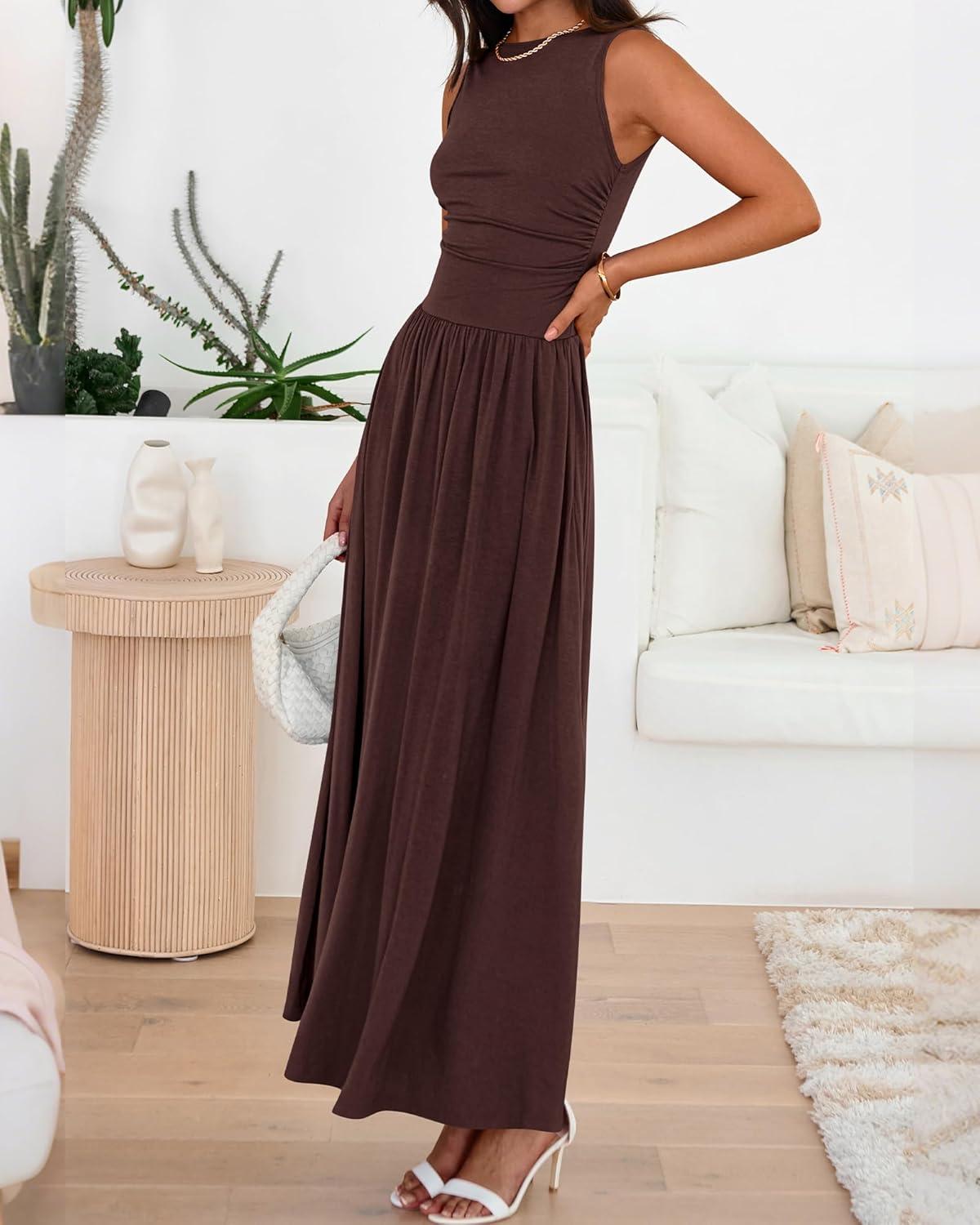 imageBTFBM Summer Maxi Dresses for Women 2026 Spring Sleeveless Casual Ruched High Waisted Long Sundress Flowy Beach DressCoffee