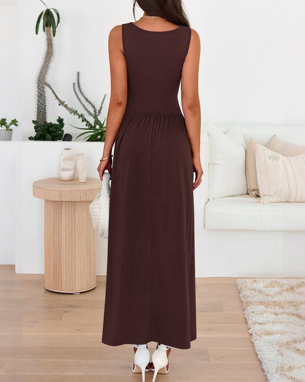 imageBTFBM Summer Maxi Dresses for Women 2026 Spring Sleeveless Casual Ruched High Waisted Long Sundress Flowy Beach DressCoffee