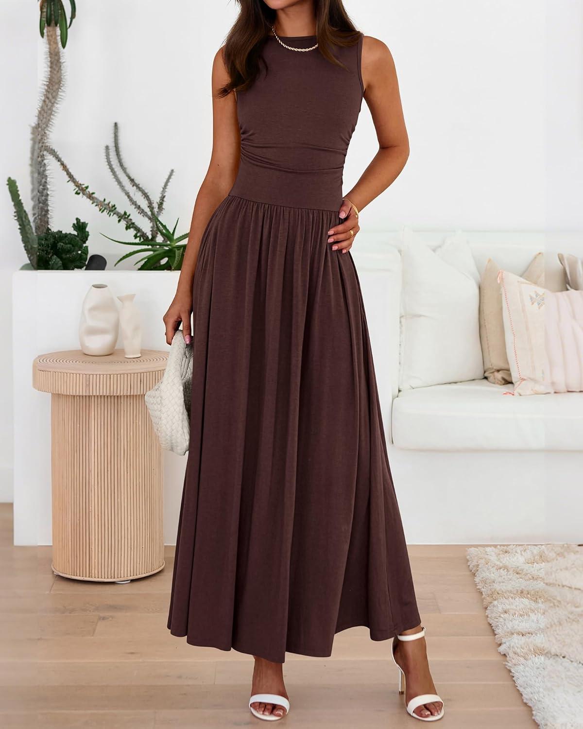 imageBTFBM Summer Maxi Dresses for Women 2026 Spring Sleeveless Casual Ruched High Waisted Long Sundress Flowy Beach DressCoffee