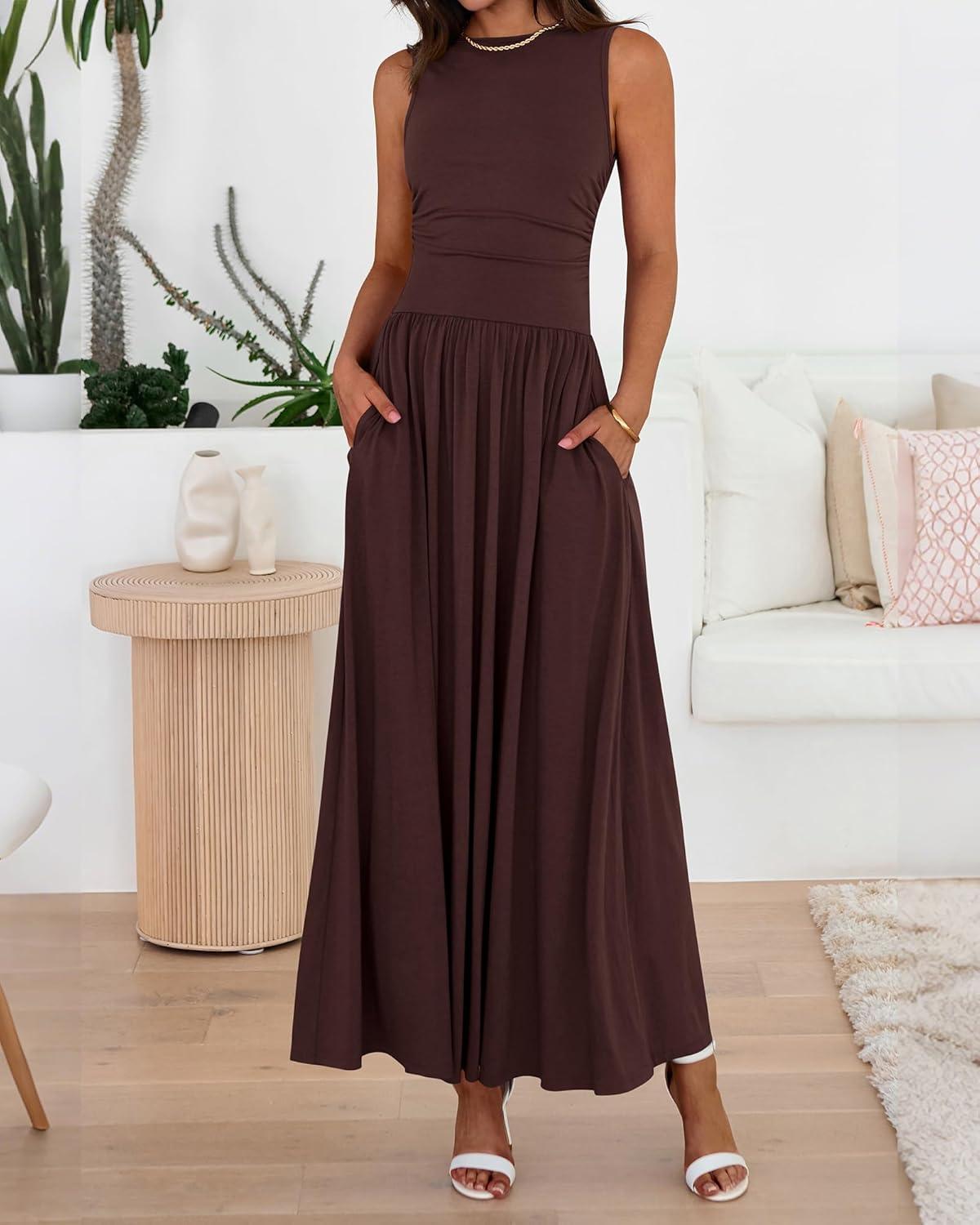 imageBTFBM Summer Maxi Dresses for Women 2026 Spring Sleeveless Casual Ruched High Waisted Long Sundress Flowy Beach DressCoffee