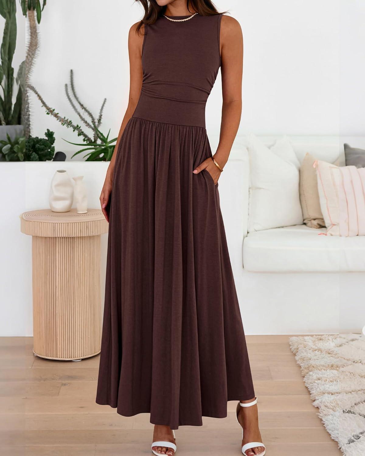 imageBTFBM Summer Maxi Dresses for Women 2026 Spring Sleeveless Casual Ruched High Waisted Long Sundress Flowy Beach DressCoffee