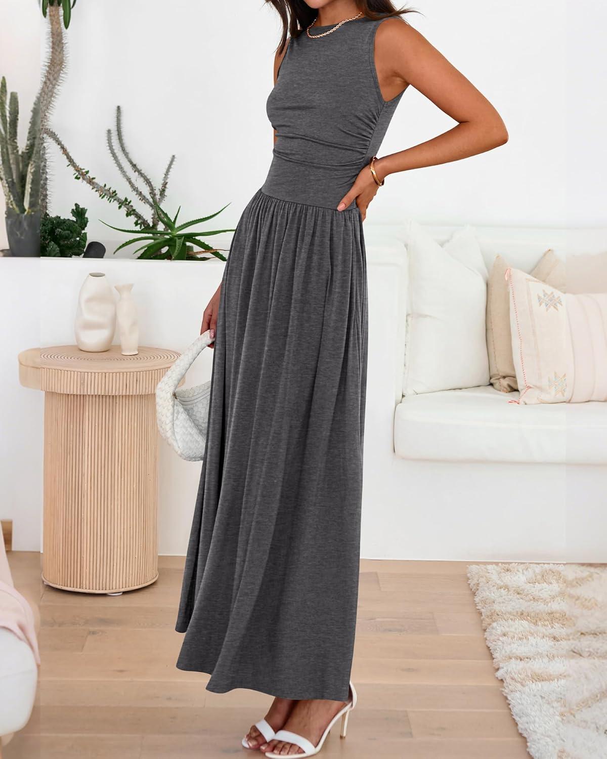 imageBTFBM Summer Maxi Dresses for Women 2026 Spring Sleeveless Casual Ruched High Waisted Long Sundress Flowy Beach DressDark Grey