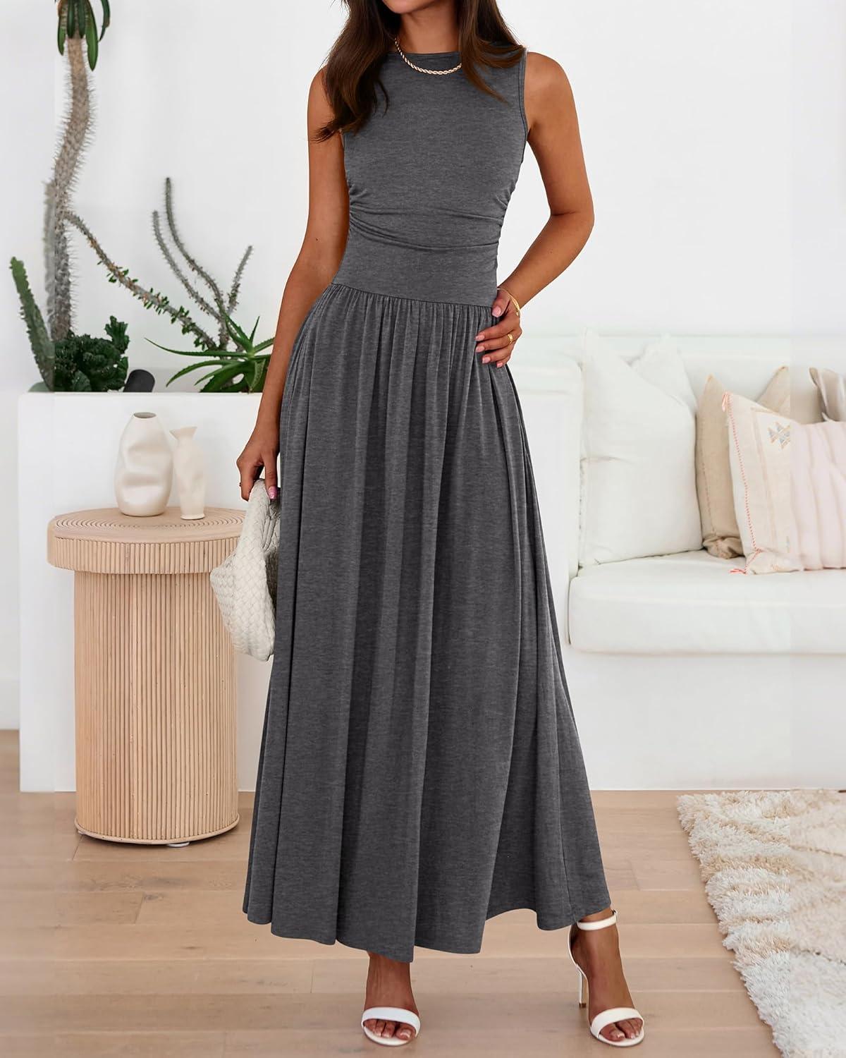 imageBTFBM Summer Maxi Dresses for Women 2026 Spring Sleeveless Casual Ruched High Waisted Long Sundress Flowy Beach DressDark Grey