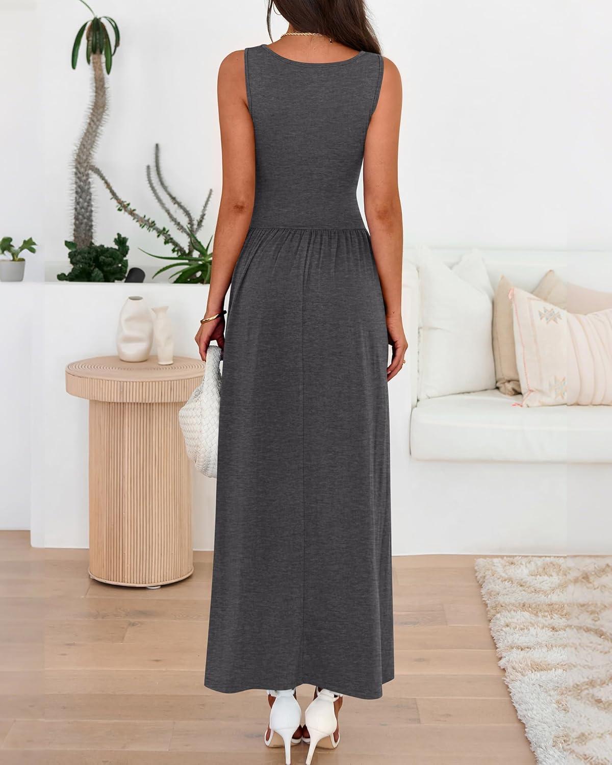 imageBTFBM Summer Maxi Dresses for Women 2026 Spring Sleeveless Casual Ruched High Waisted Long Sundress Flowy Beach DressDark Grey