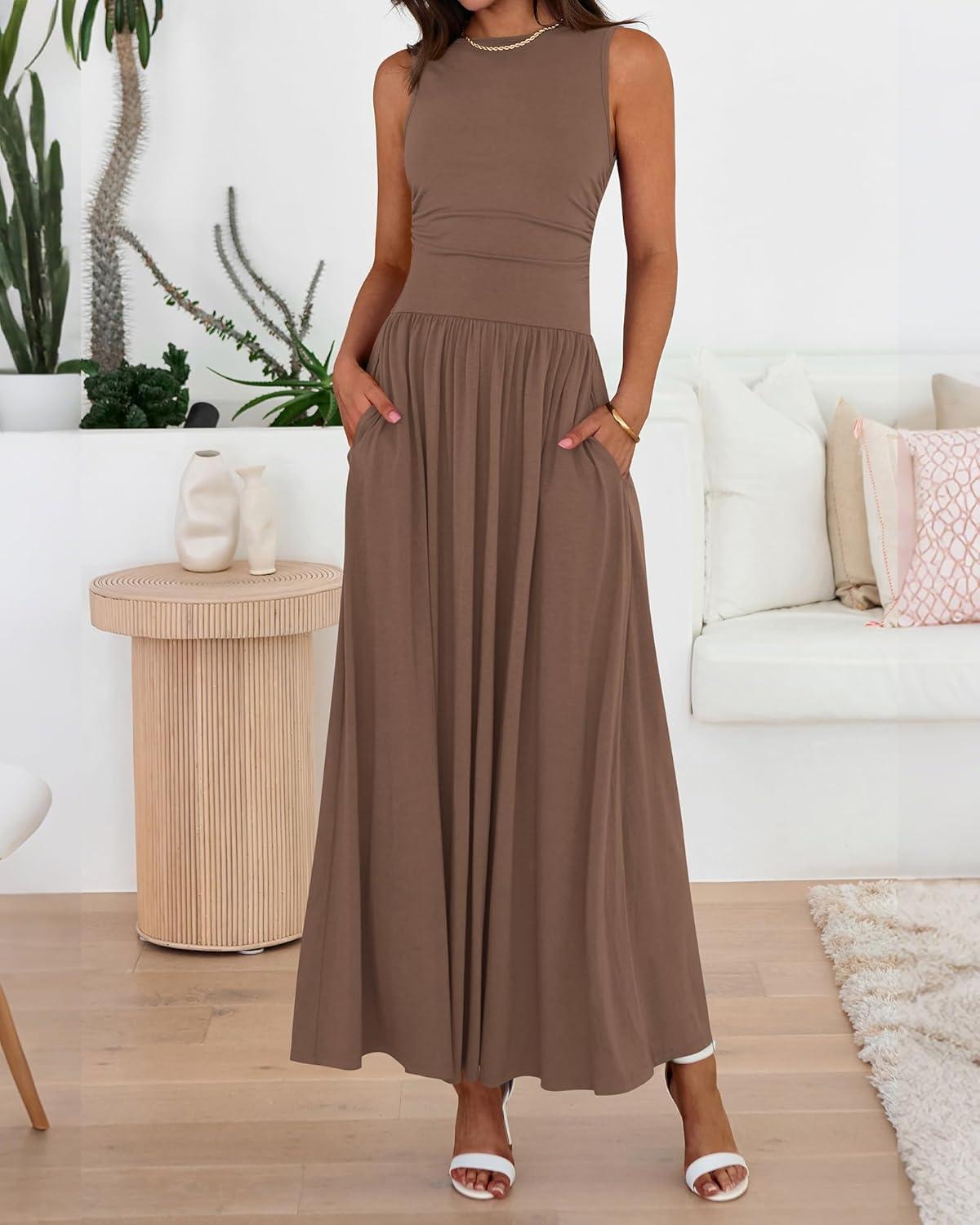 imageBTFBM Summer Maxi Dresses for Women 2026 Spring Sleeveless Casual Ruched High Waisted Long Sundress Flowy Beach DressKhaki