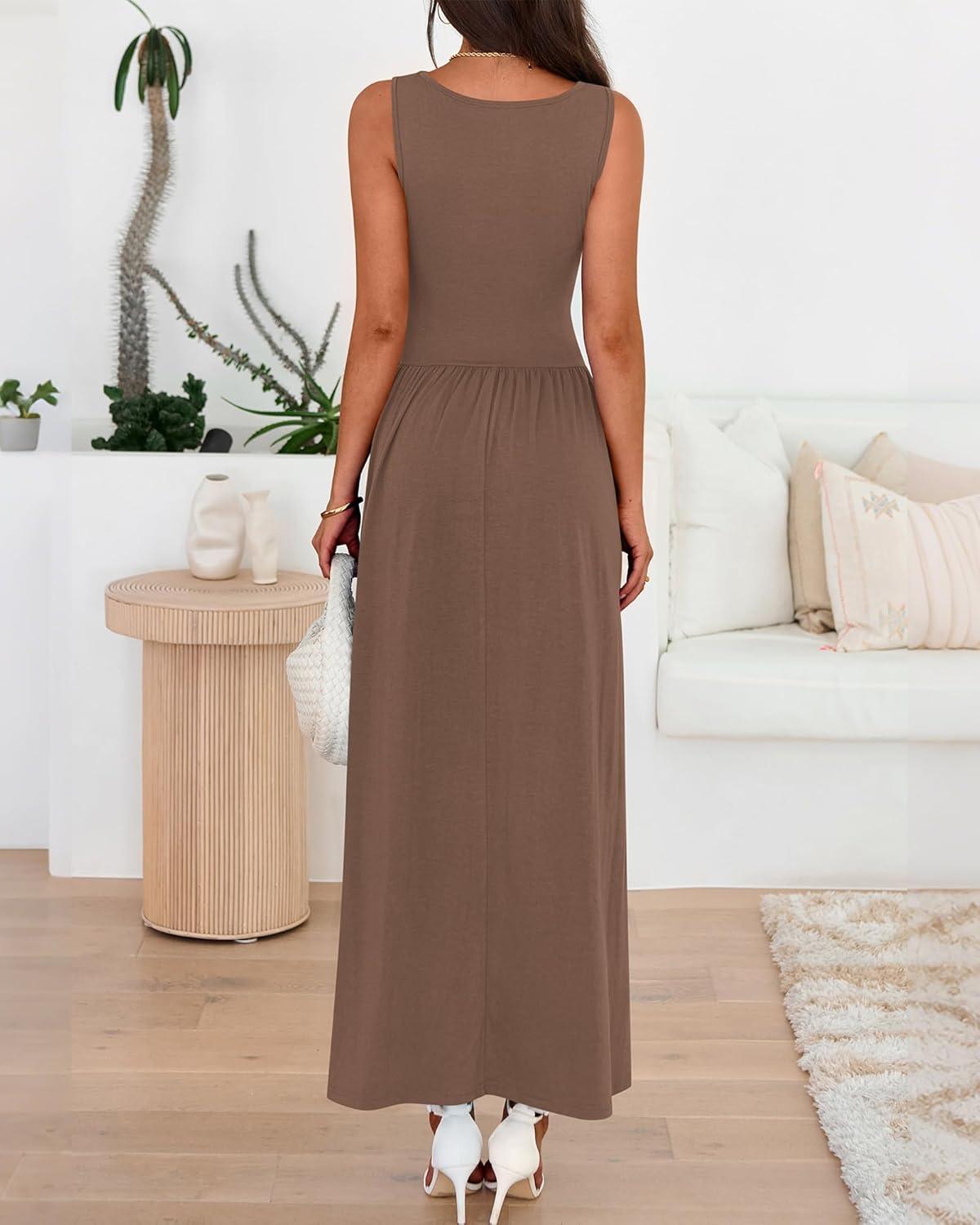 imageBTFBM Summer Maxi Dresses for Women 2026 Spring Sleeveless Casual Ruched High Waisted Long Sundress Flowy Beach DressKhaki