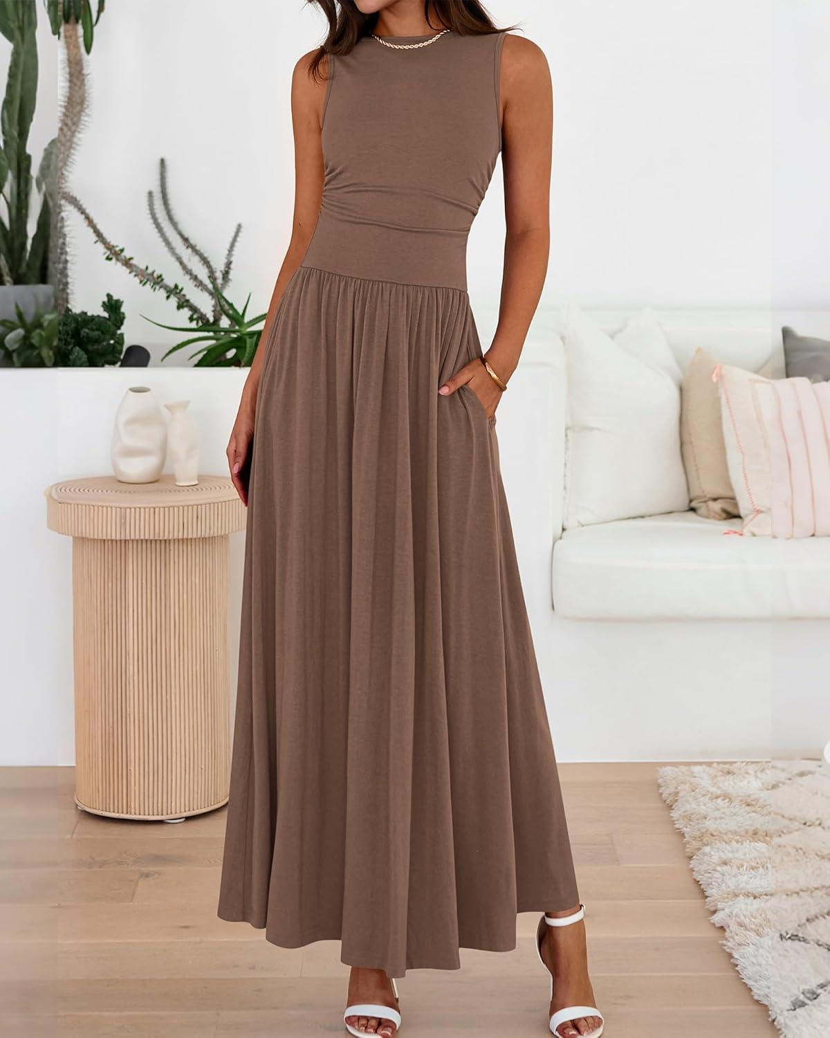 imageBTFBM Summer Maxi Dresses for Women 2026 Spring Sleeveless Casual Ruched High Waisted Long Sundress Flowy Beach DressKhaki
