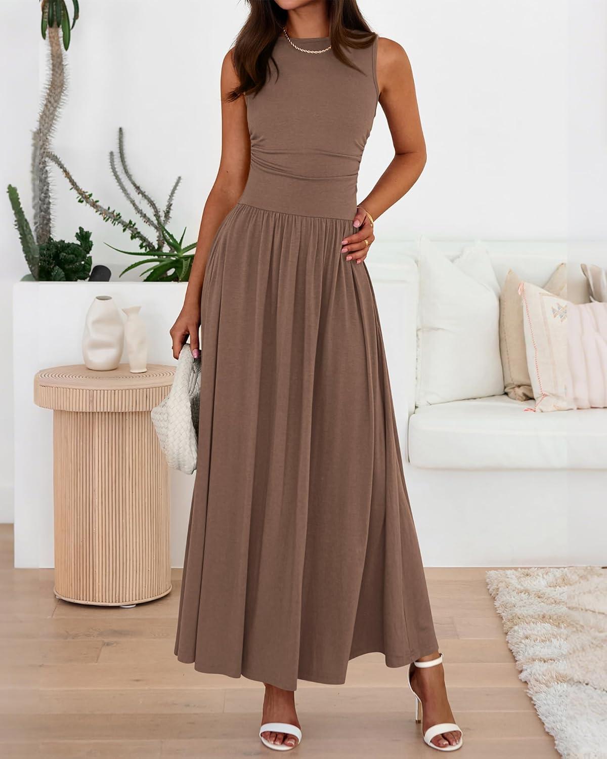 imageBTFBM Summer Maxi Dresses for Women 2026 Spring Sleeveless Casual Ruched High Waisted Long Sundress Flowy Beach DressKhaki