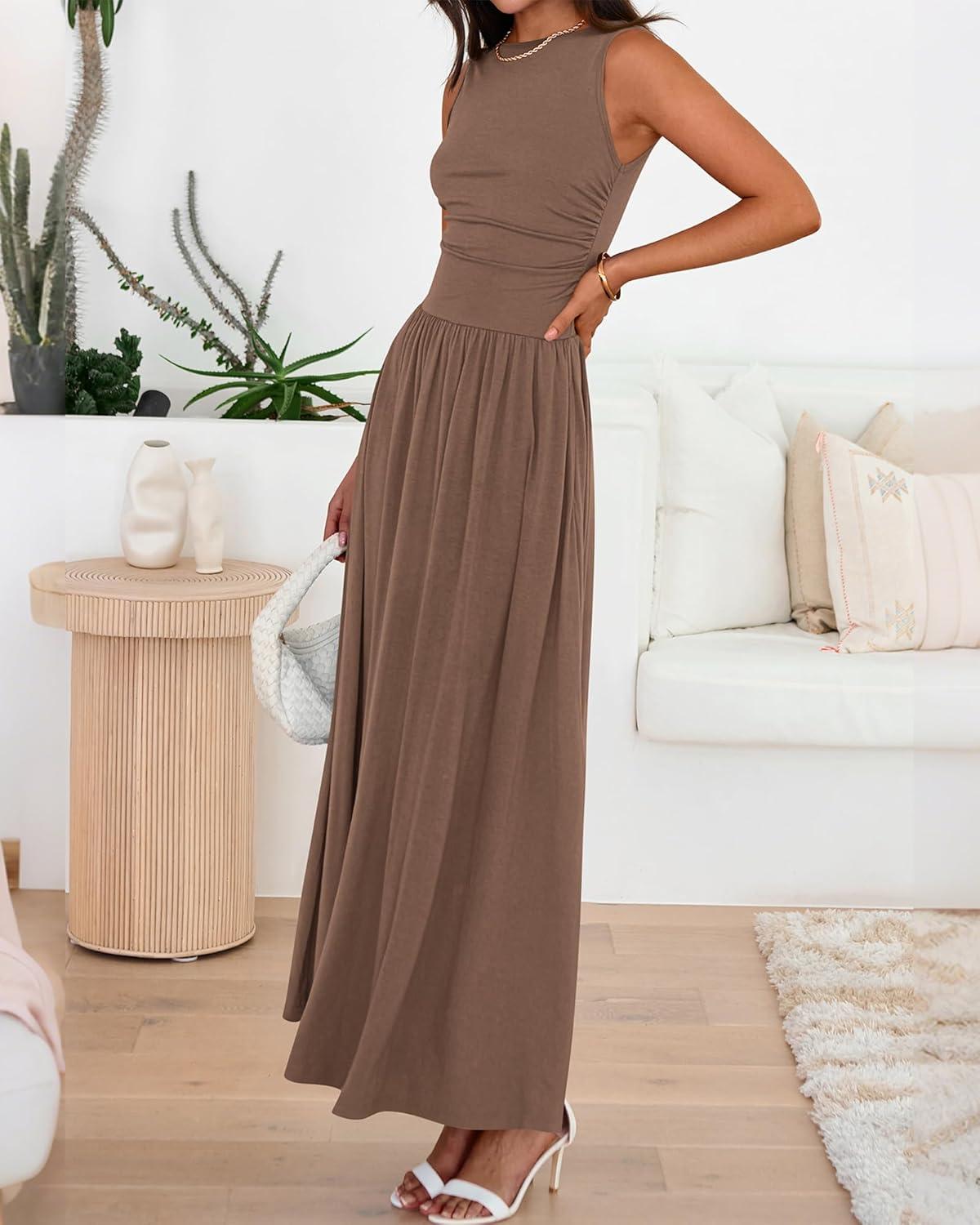 imageBTFBM Summer Maxi Dresses for Women 2026 Spring Sleeveless Casual Ruched High Waisted Long Sundress Flowy Beach DressKhaki
