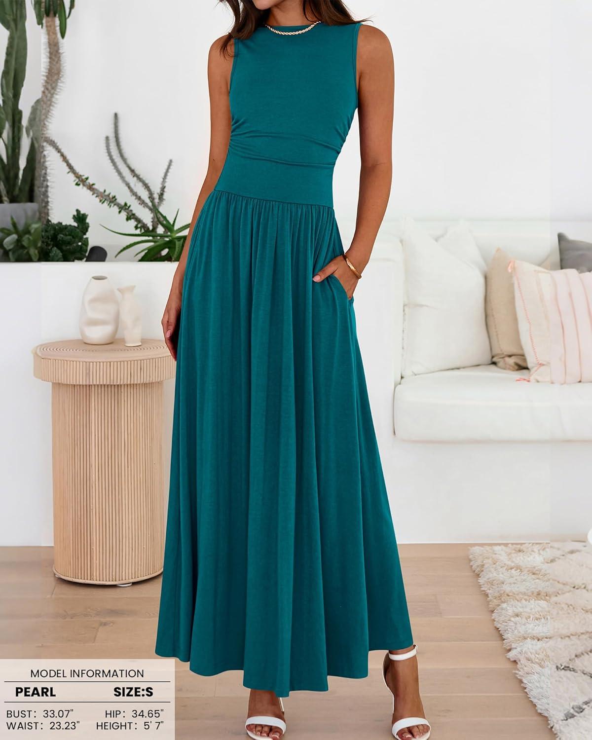 imageBTFBM Summer Maxi Dresses for Women 2026 Spring Sleeveless Casual Ruched High Waisted Long Sundress Flowy Beach DressLake Blue