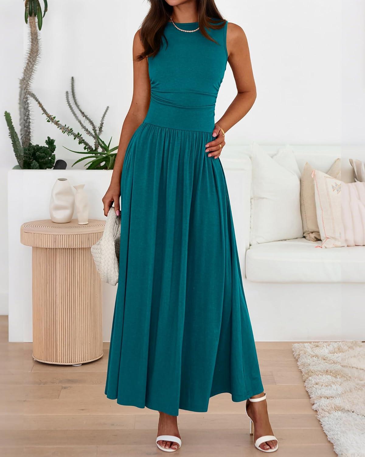 imageBTFBM Summer Maxi Dresses for Women 2026 Spring Sleeveless Casual Ruched High Waisted Long Sundress Flowy Beach DressLake Blue