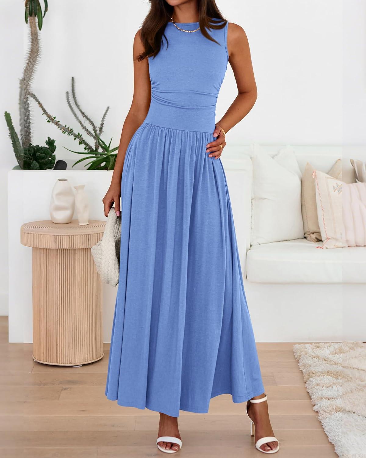 imageBTFBM Summer Maxi Dresses for Women 2026 Spring Sleeveless Casual Ruched High Waisted Long Sundress Flowy Beach DressLight Blue